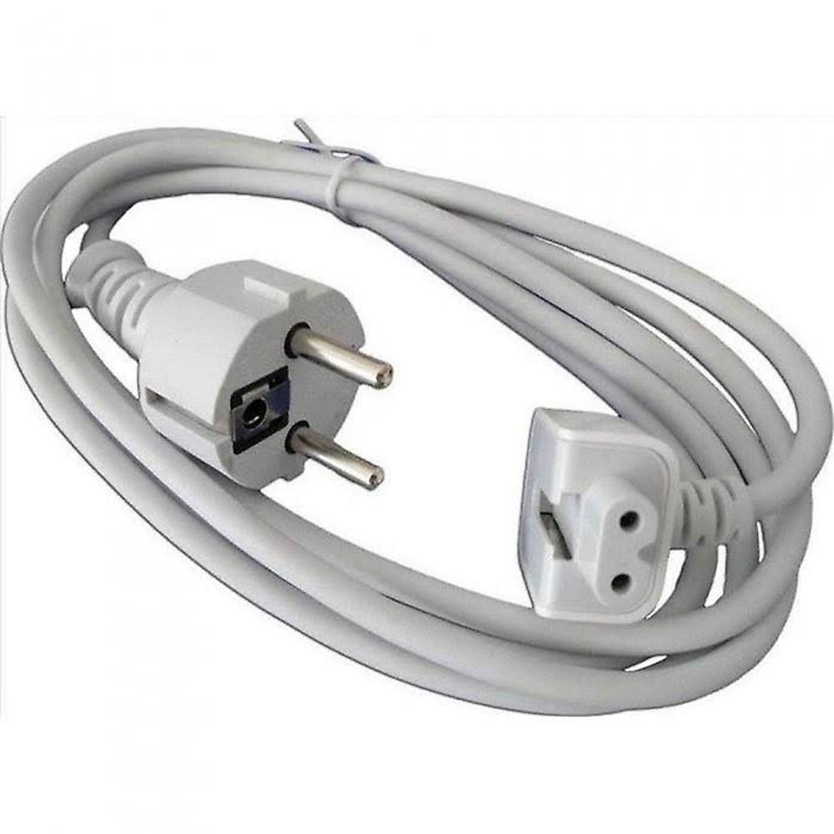 Ein weißes Netzkabel mit europäischem Stecker und kleinerem Anschluss.
