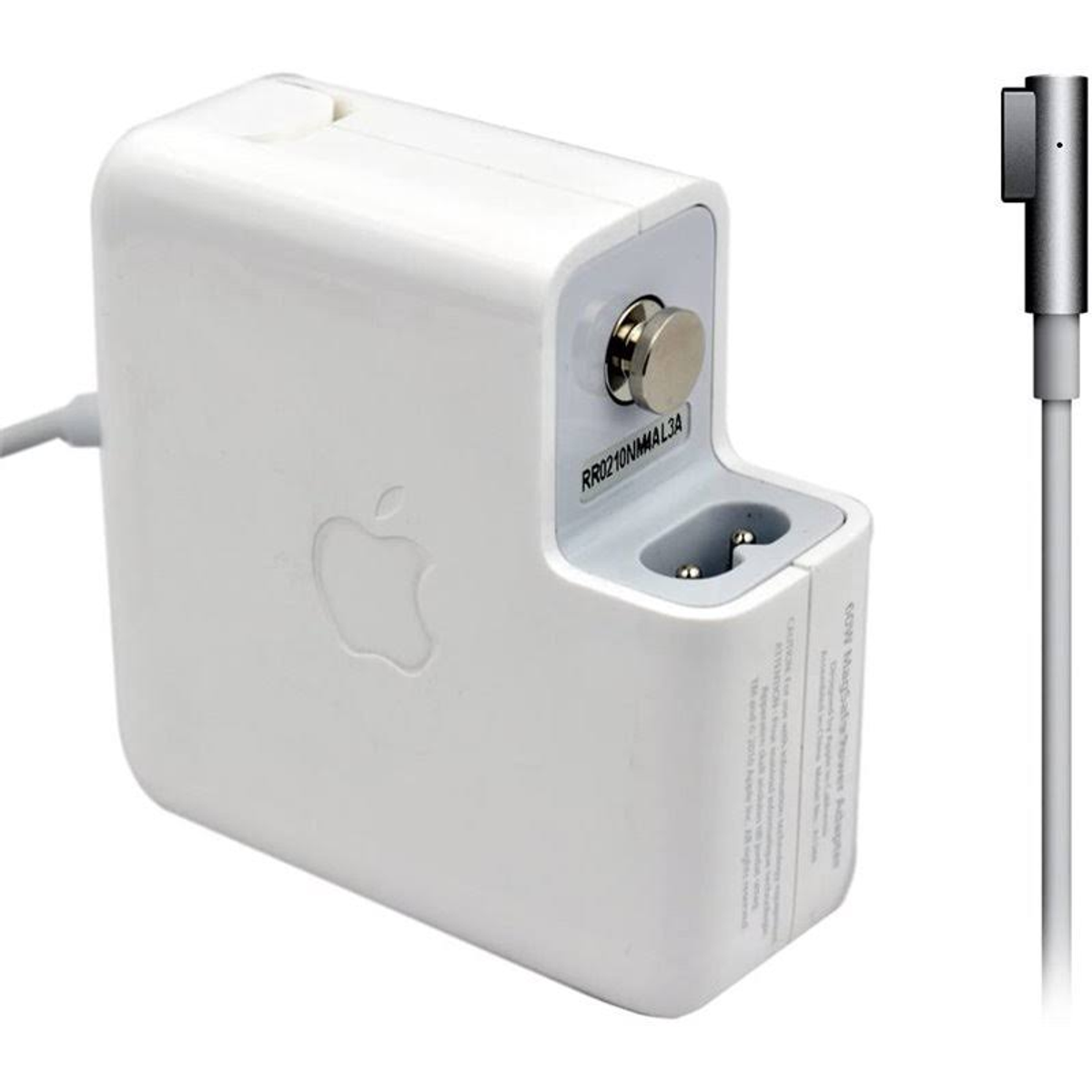 Weißes Apple-Ladegerät. Hat einen silbernen Anschluss und einen Netzstecker.