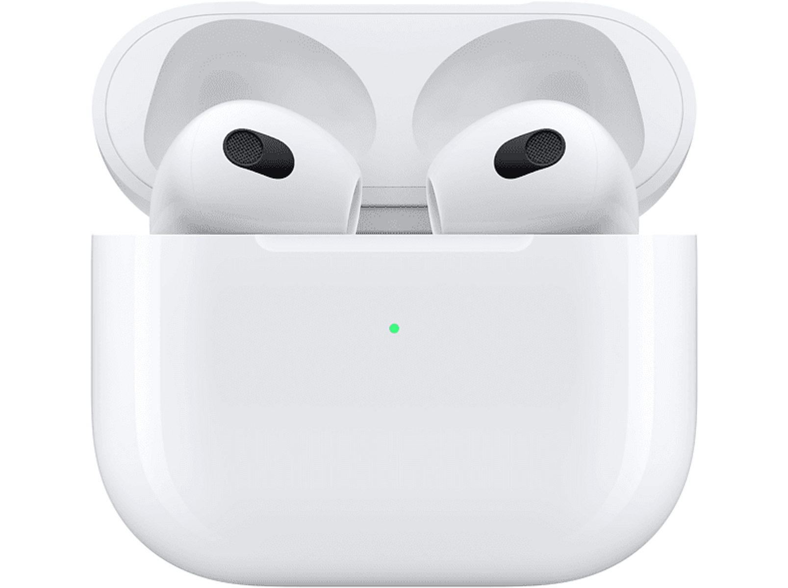 Białe etui Apple AirPods Pro z AirPods w środku. Zielone światło świeci na etui.