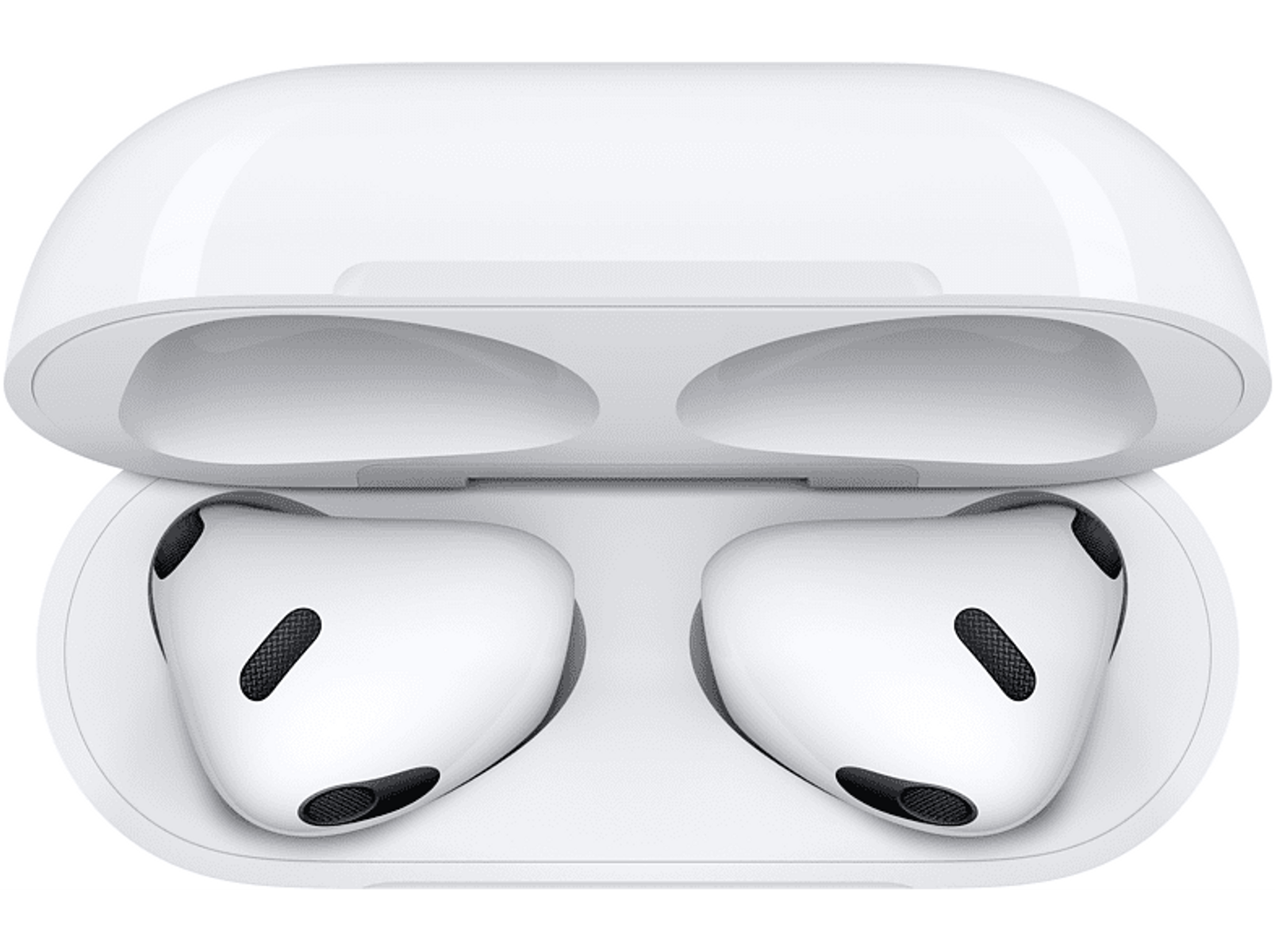 Białe słuchawki w otwartym etui. Etui jest białe. Słuchawki mają czarną siateczkę.