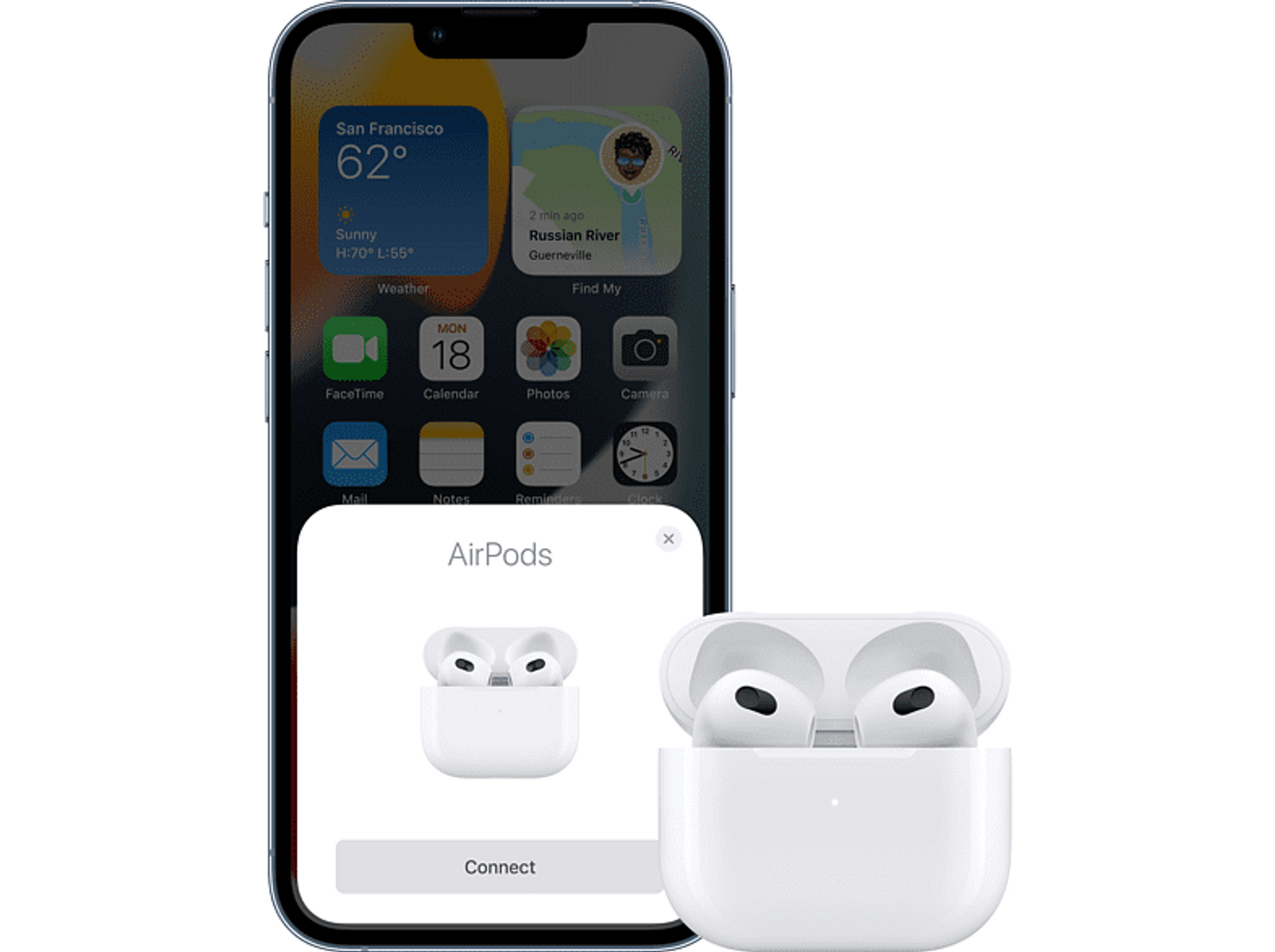 iPhone wyświetla aplikacje i łączy się z białymi słuchawkami AirPods w etui ładującym.