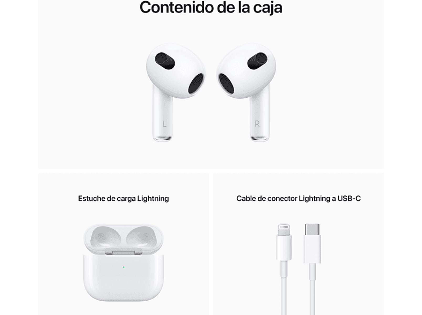 Białe słuchawki AirPods firmy Apple i etui ładujące oraz kabel Lightning.