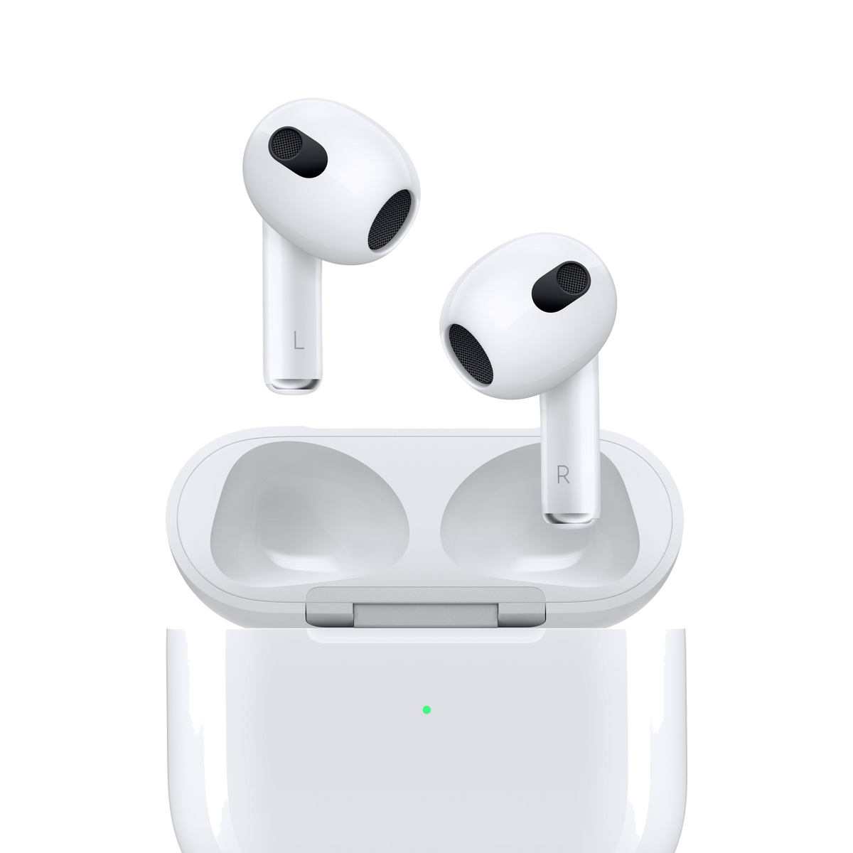 Białe bezprzewodowe słuchawki z etui ładującym. Etui jest otwarte, widać słuchawki.