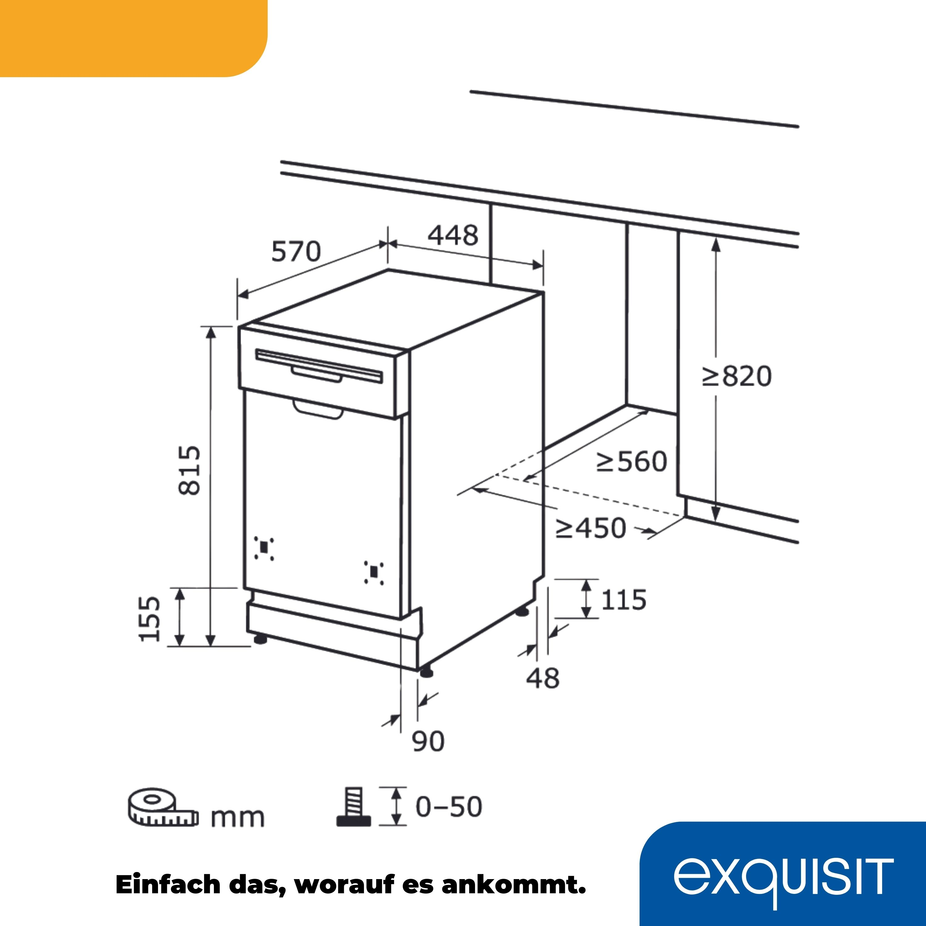 Diagramm eines Geschirrspülers mit Maßen und Beschriftungen, in Schwarzweiß.