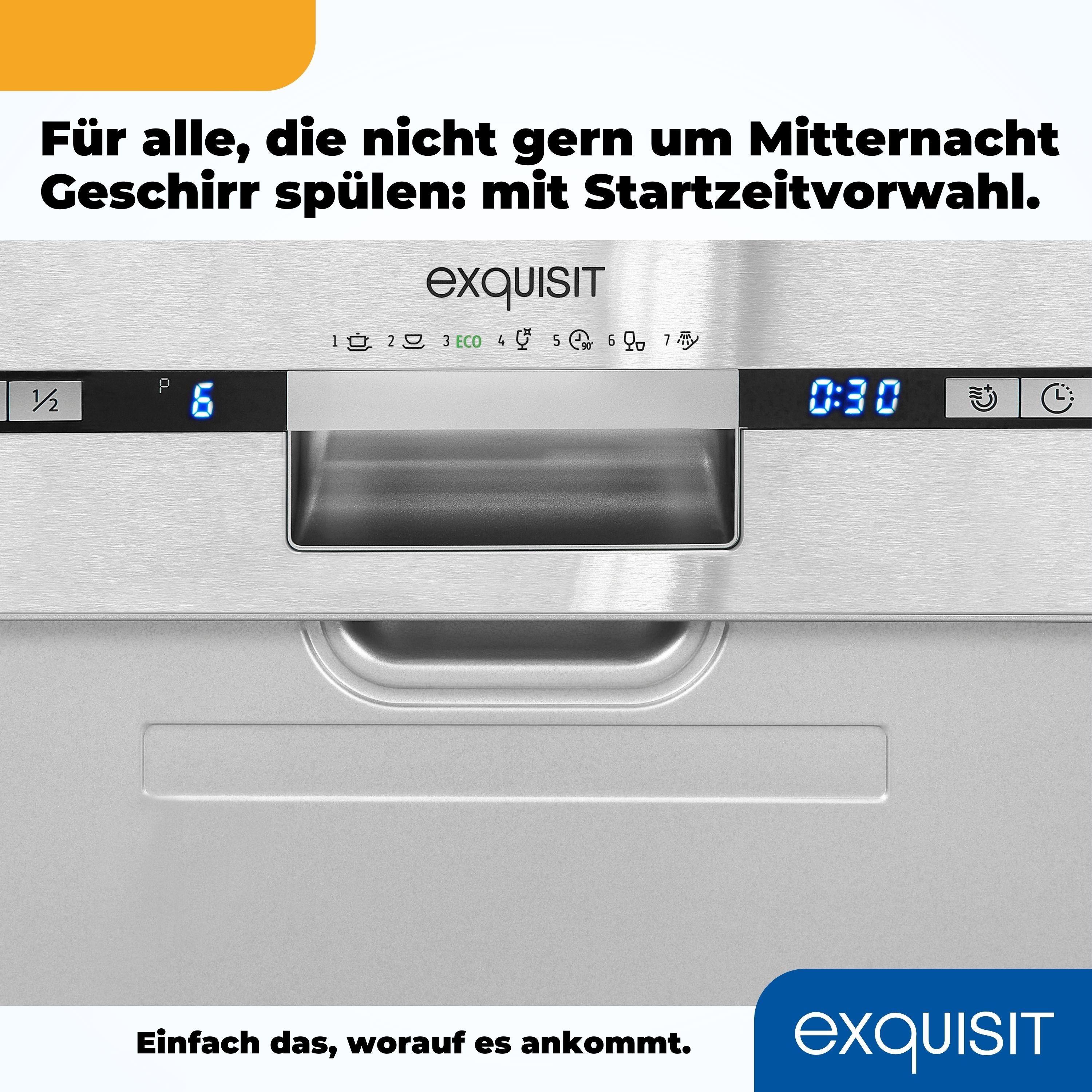 Nahaufnahme eines silbernen Geschirrspüler-Bedienfelds. Digitalanzeige zeigt Einstellungen und Zeit. Text unten.