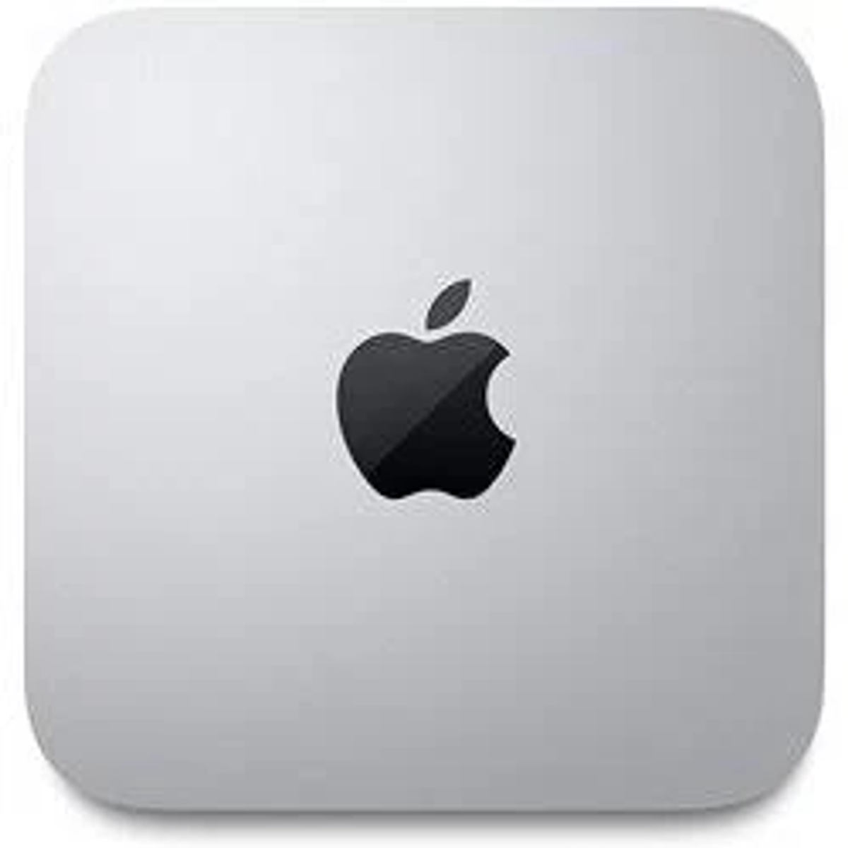 Vista dall'alto di un Apple Mac mini. È argentato con il logo Apple.