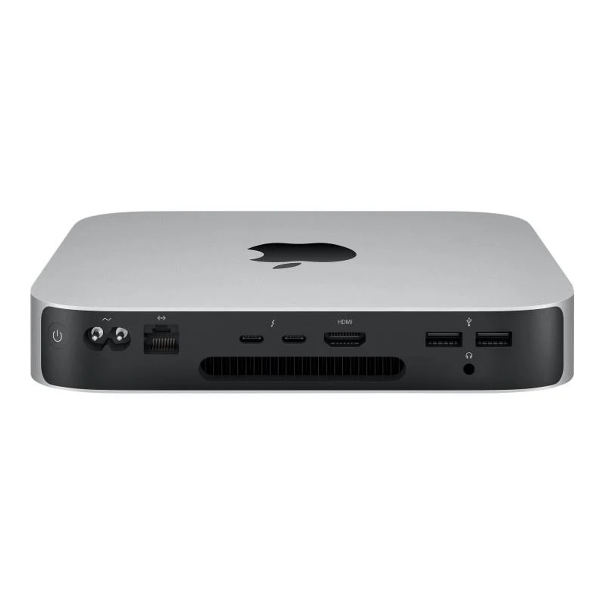 Computer Mac Mini. Custodia argentata, vista posteriore con porte. HDMI, USB, Ethernet.