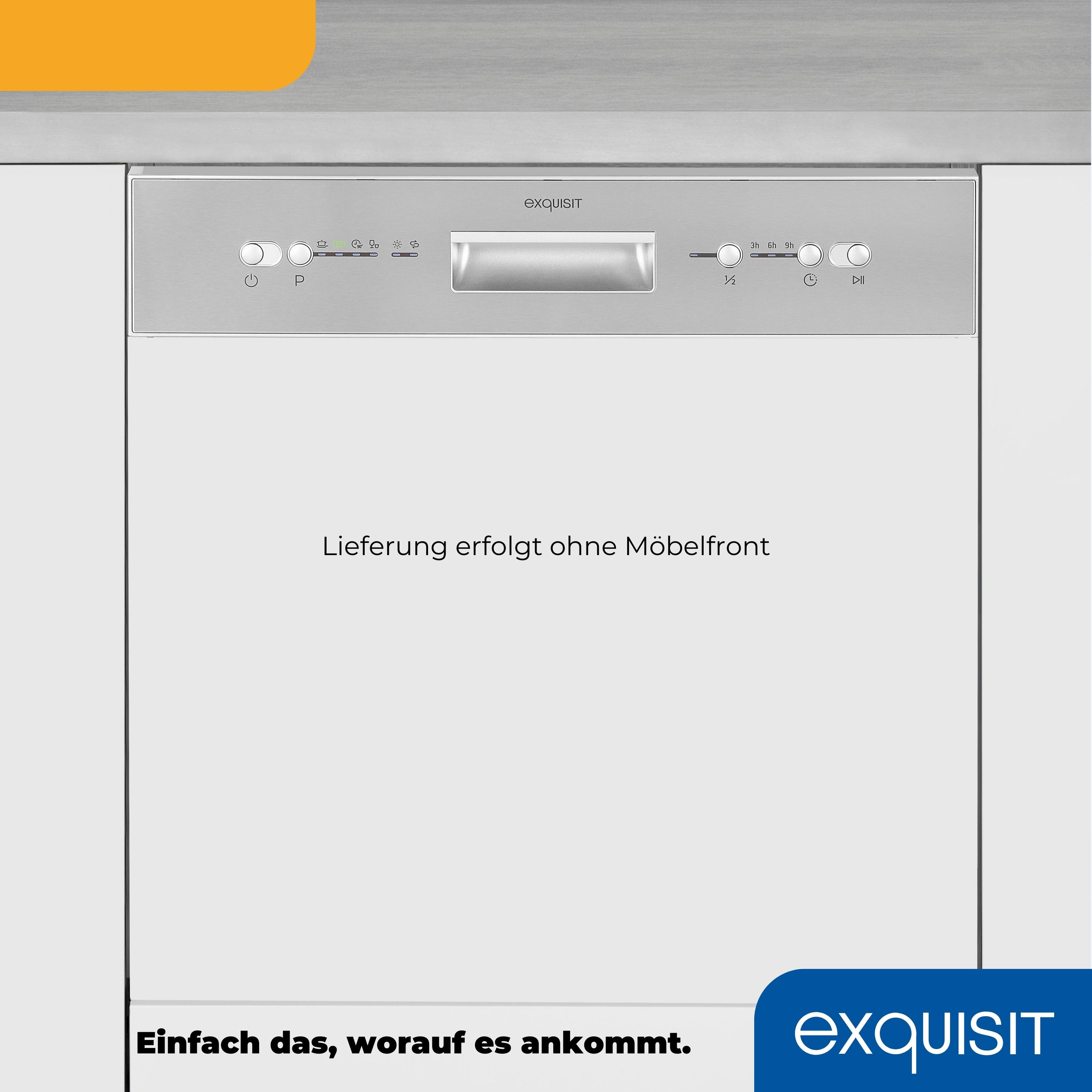 Silberner Exquisit Geschirrspüler. Die Front ist sauber mit Bedienelementen. Der Text "Lieferung erfolgt ohne Möbelfront".