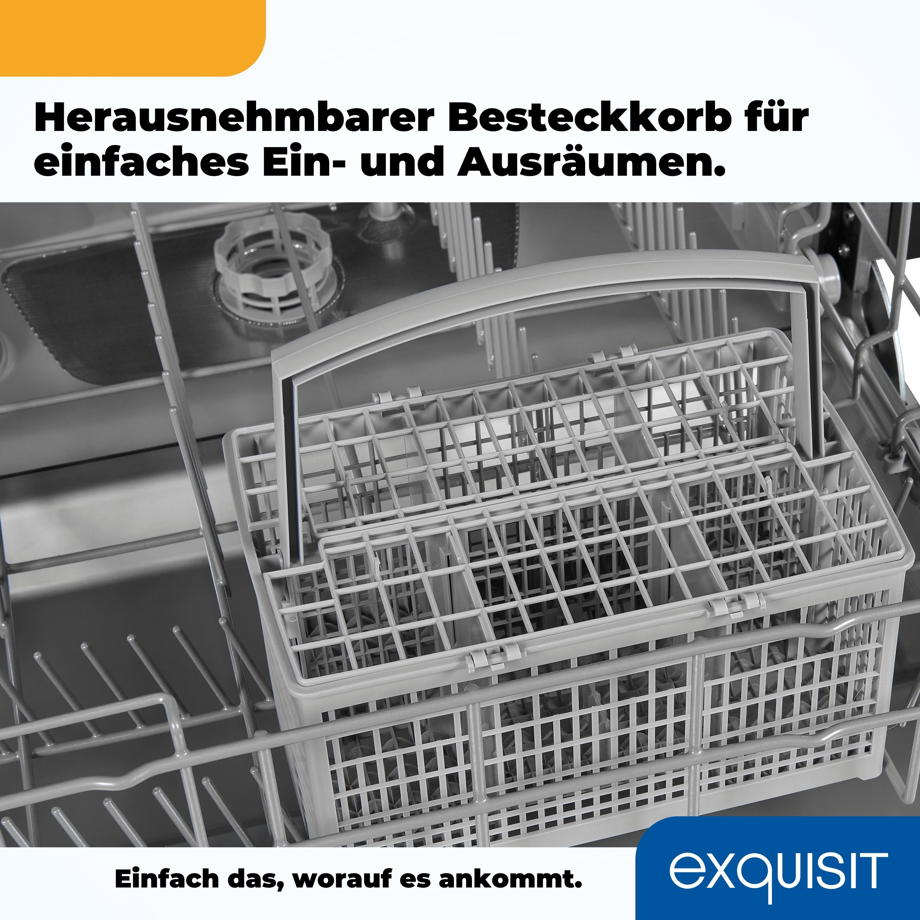 Geschirrspüler mit herausgenommenem Besteckkorb, zeigt das Innere und den Text 'exquisit'.