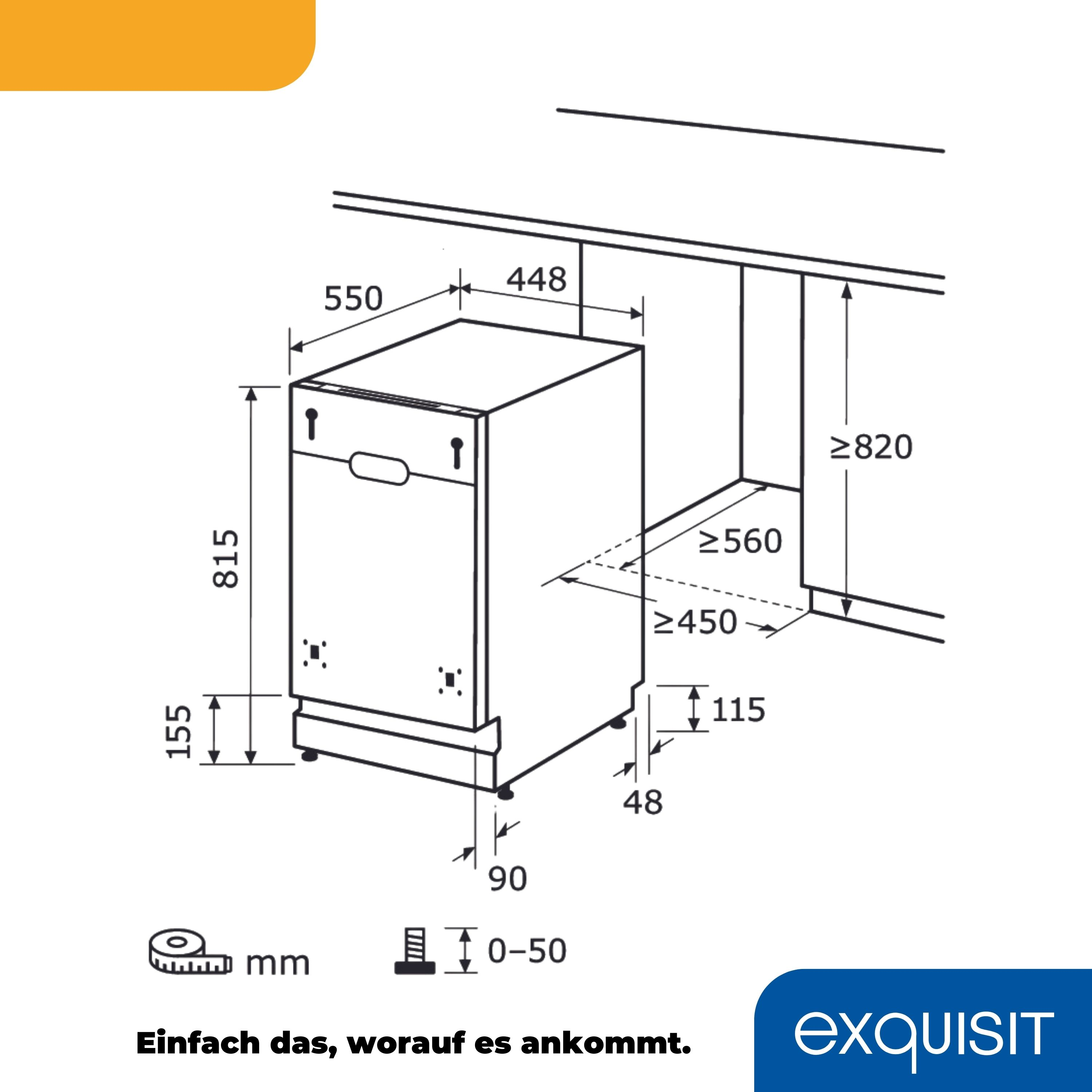 Diagrama de un lavavajillas con medidas y dimensiones para la instalación.