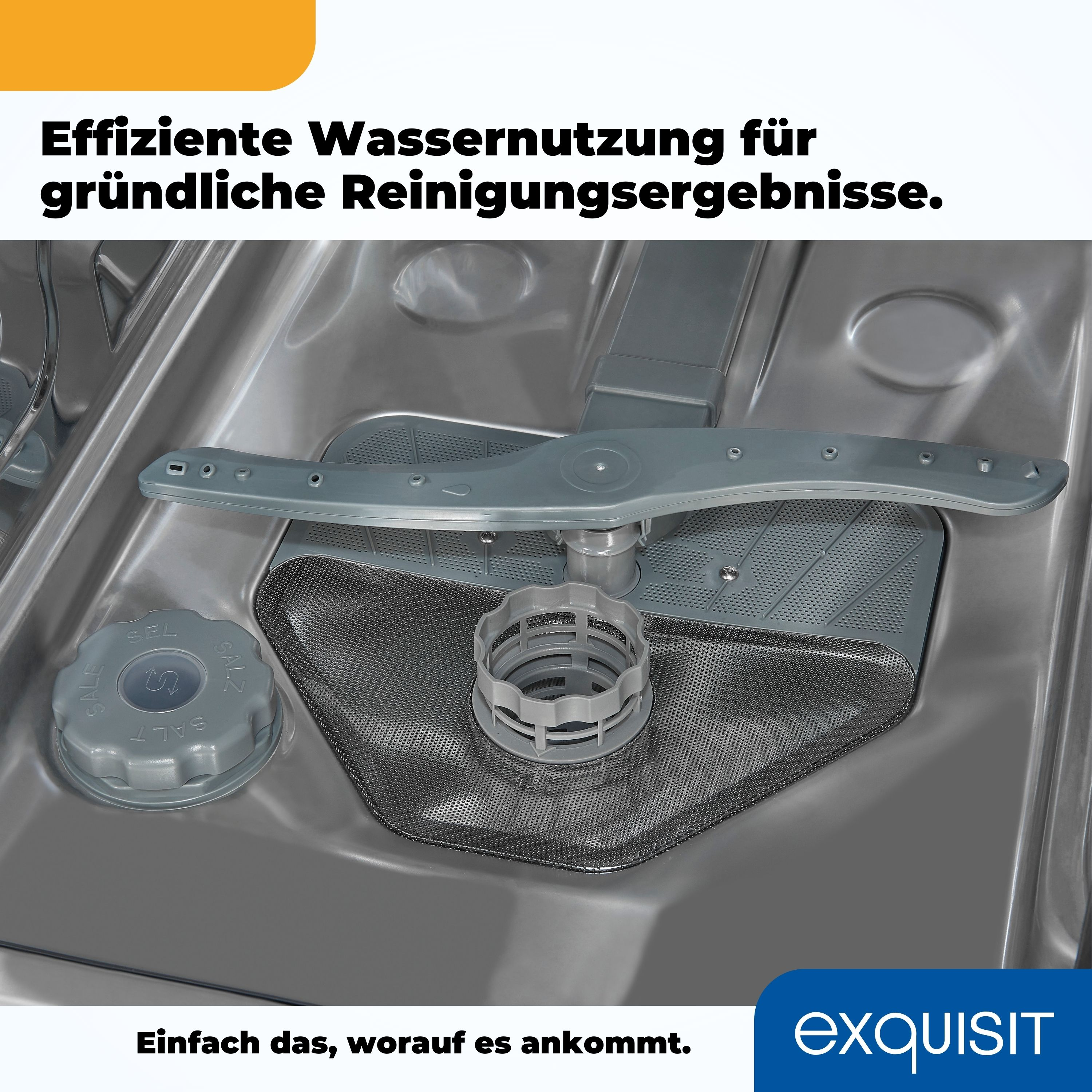 Geschirrspüler-Innenraum mit grauem Sprüharm und Behälter mit der Aufschrift 'SALT'. Text: 'Effiziente Wassernutzung'.