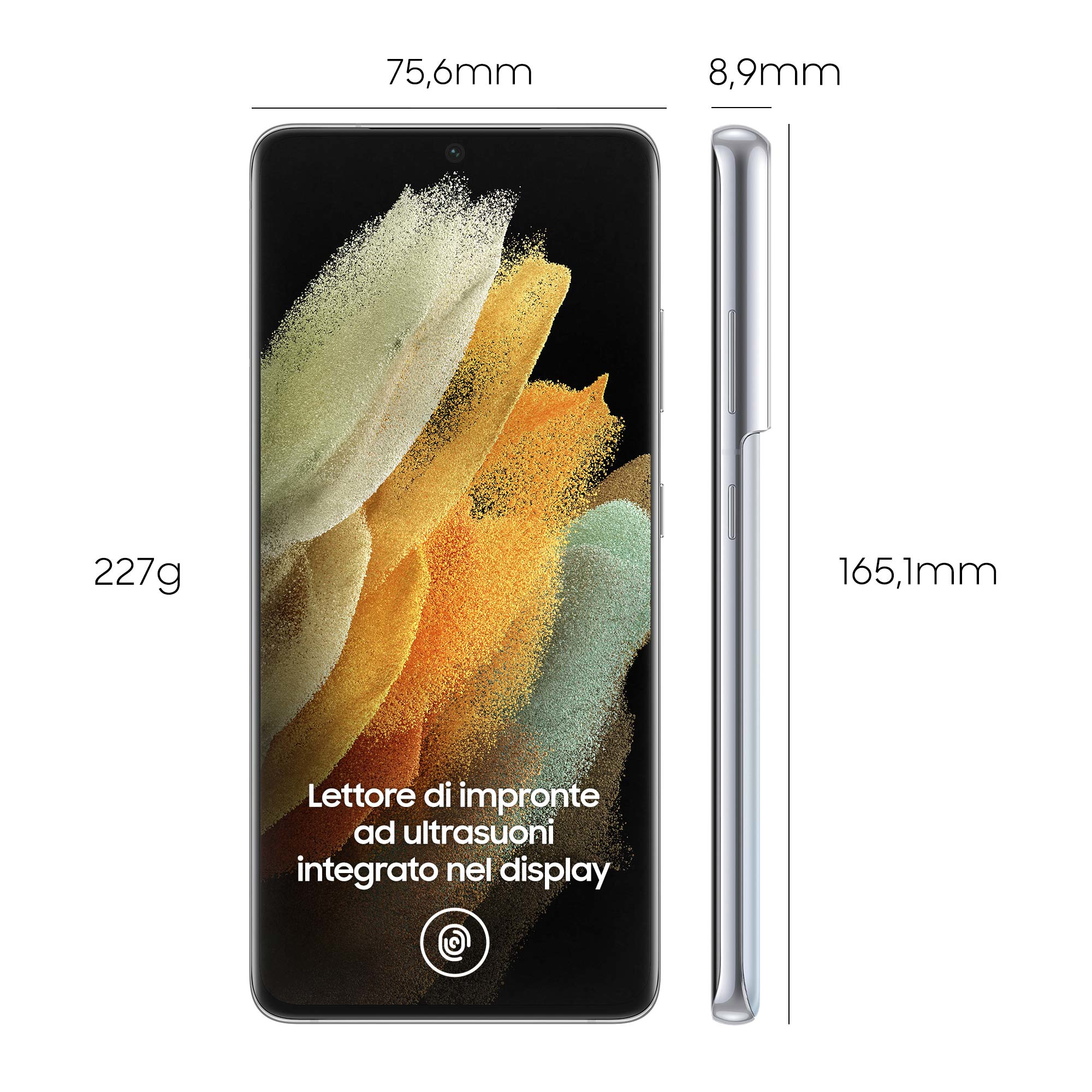 Schwarzes Smartphone mit Abmessungen, Fingerabdruckscanner.