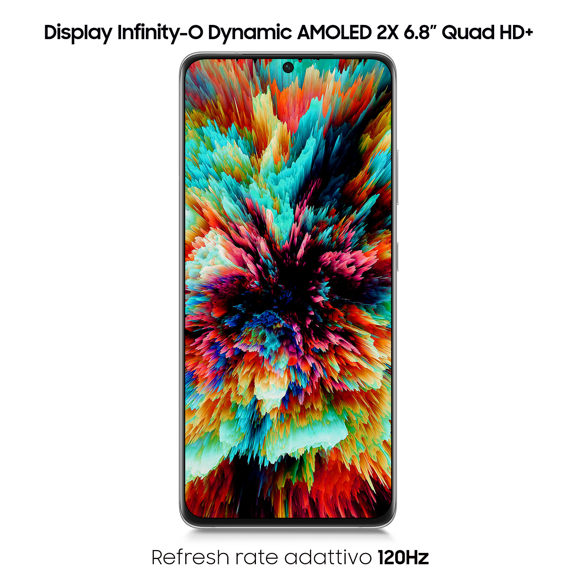 Smartphone-Bildschirm mit farbenfroher Explosionsgrafik. Anzeigeinfo: Dynamic AMOLED 2X 6.8" Quad HD+.