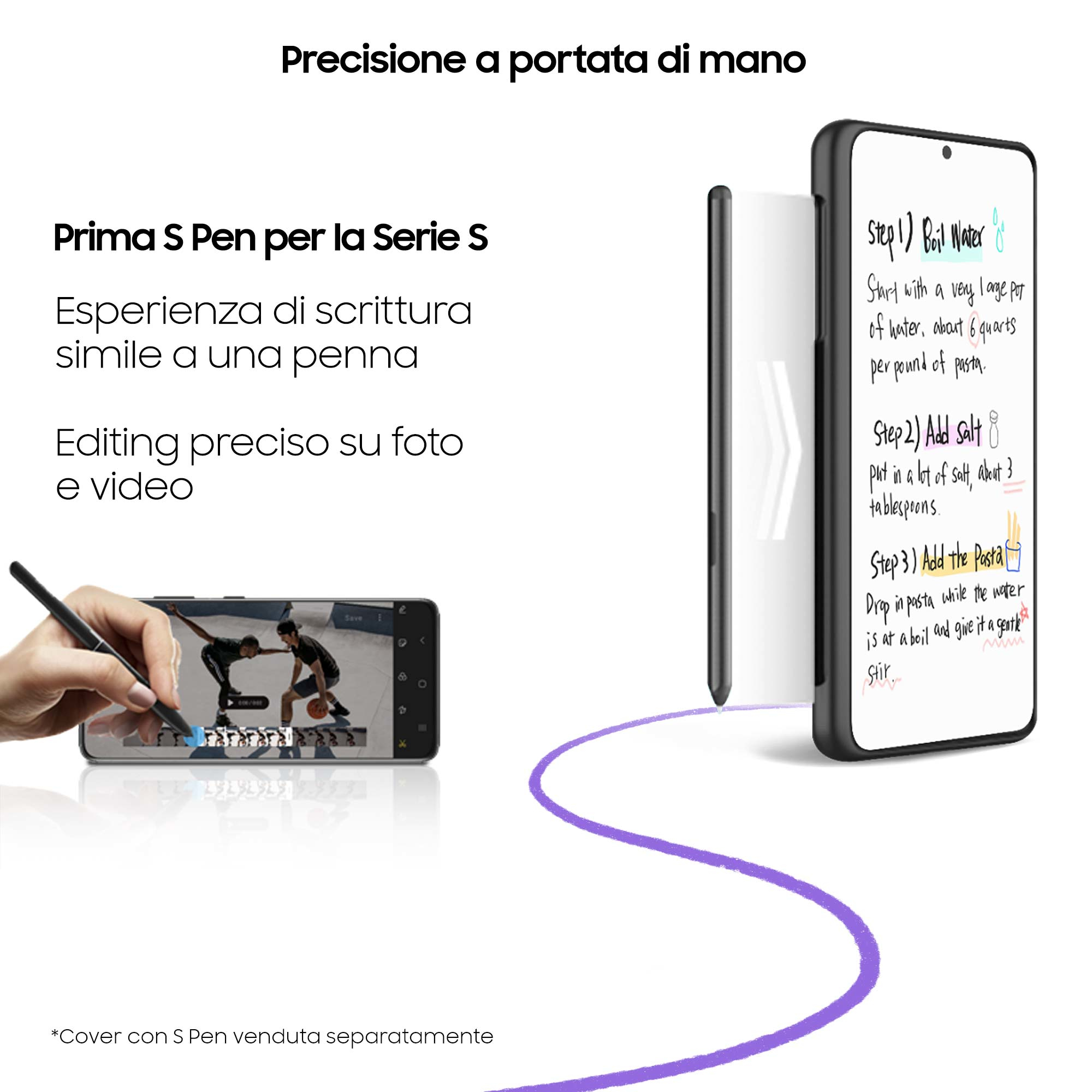 Ein Smartphone mit Stift wird angezeigt. Der Bildschirm zeigt ein Rezept und eine Zeichnung.