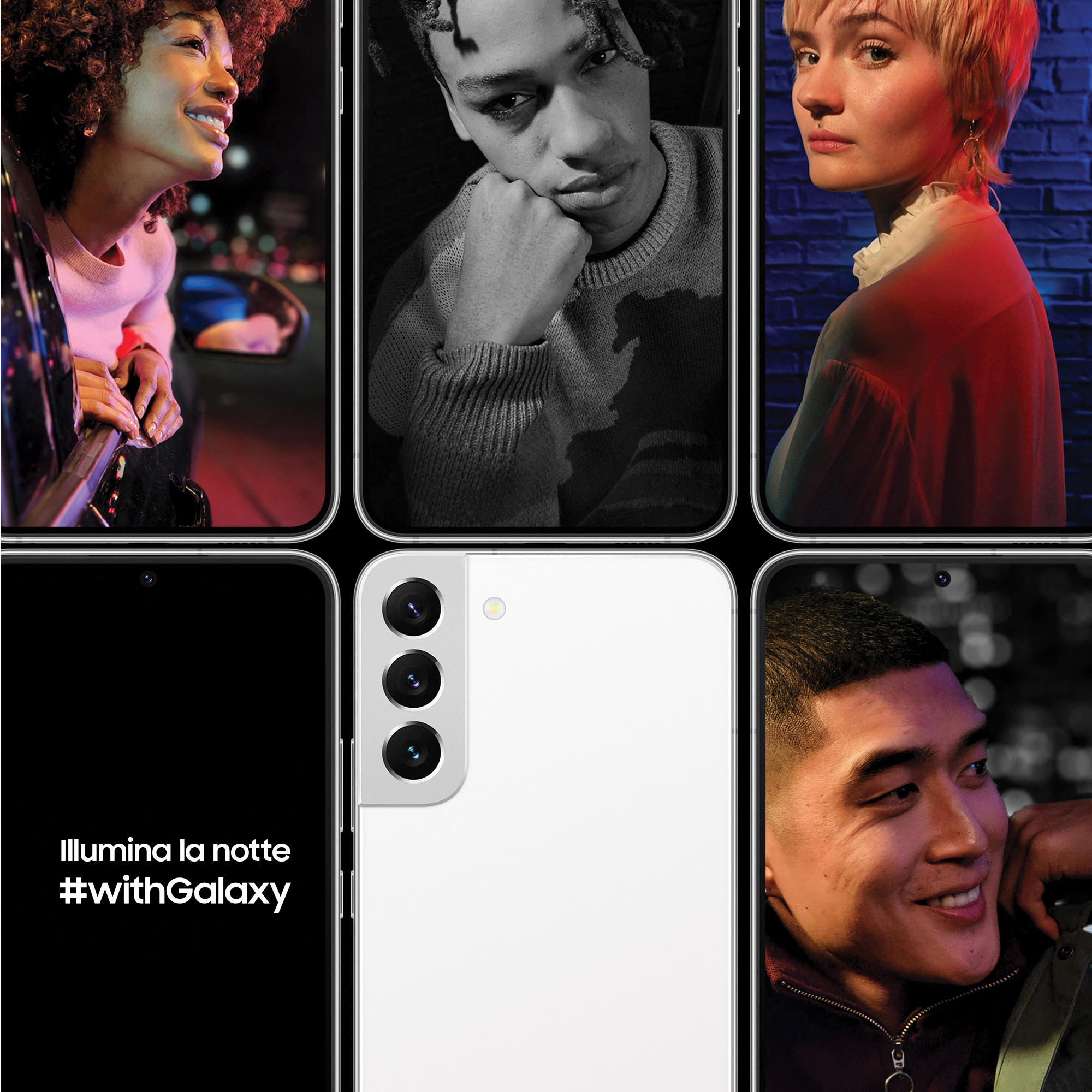 Un collage de personnes diverses regardant la caméra. Un téléphone avec écran noir et logo blanc.