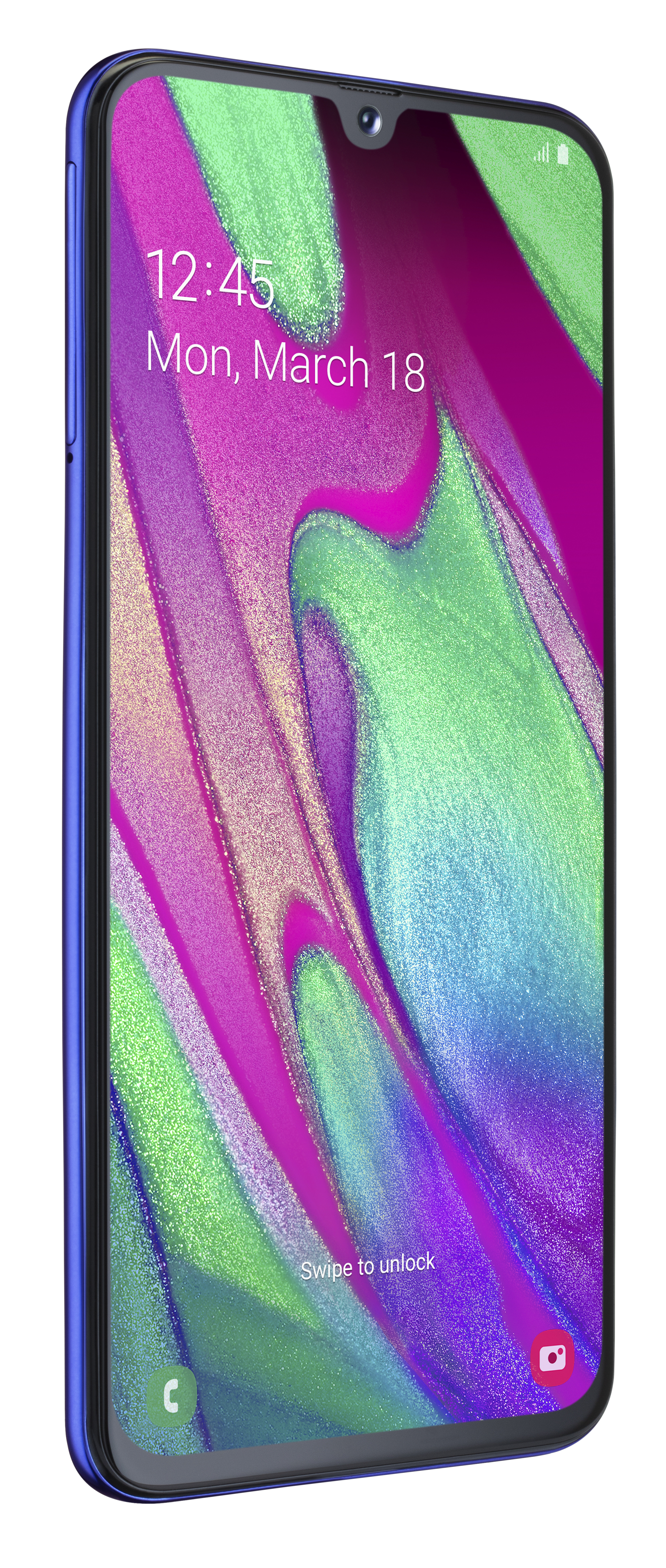 Niebieski smartfon na białym tle z godziną 12:45.