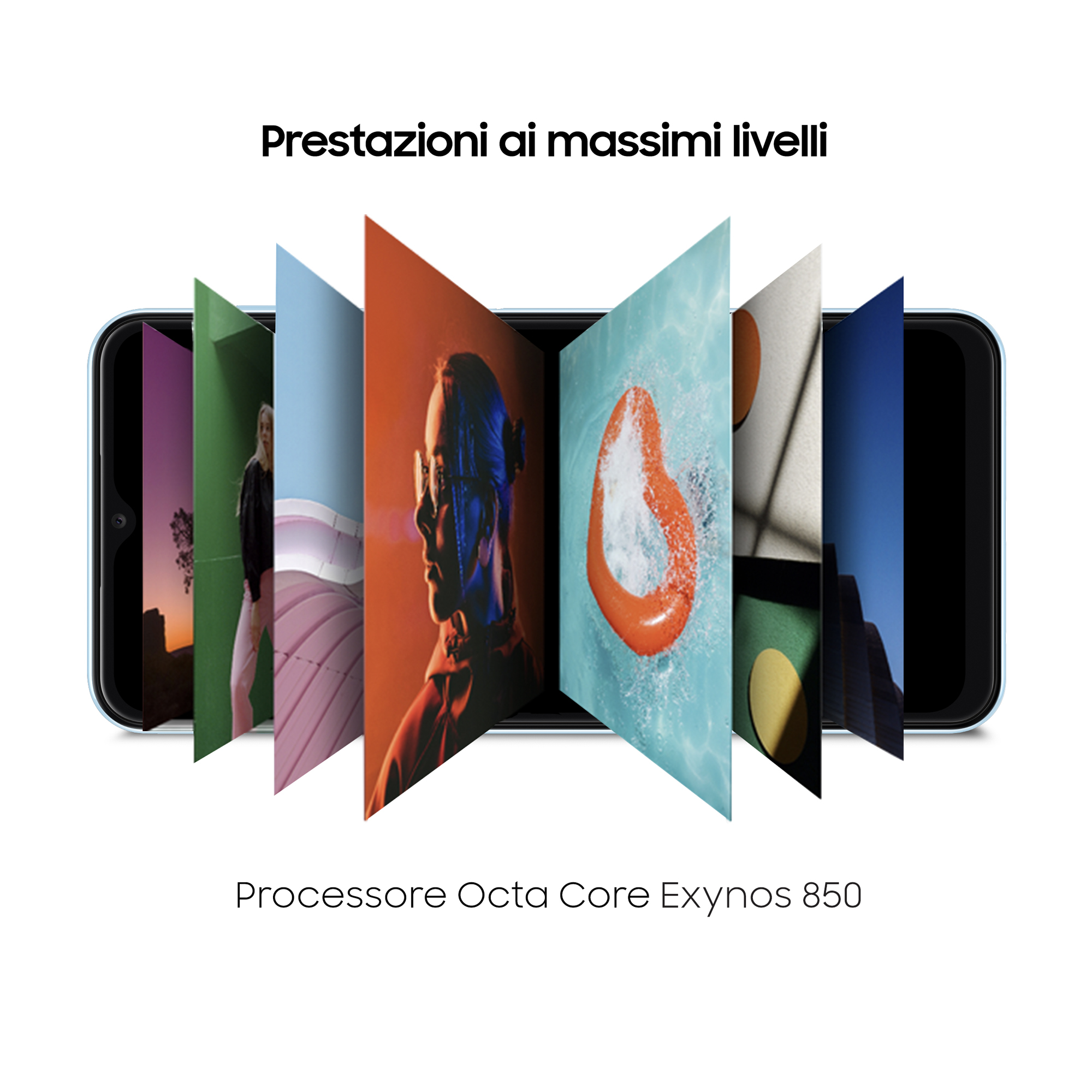 Jasnoniebieski telefon z obrazami na ekranie. Tekst: Prestazioni ai massimi livelli.