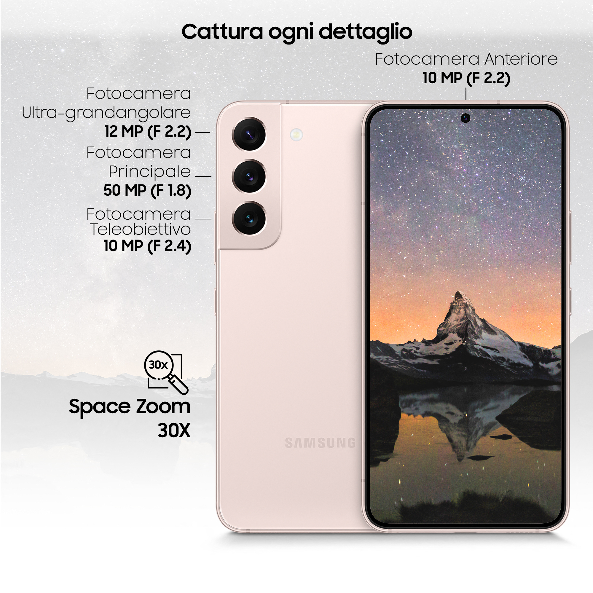 Téléphone rose avec trois caméras arrière et une image d'une scène de montagne sur l'écran.