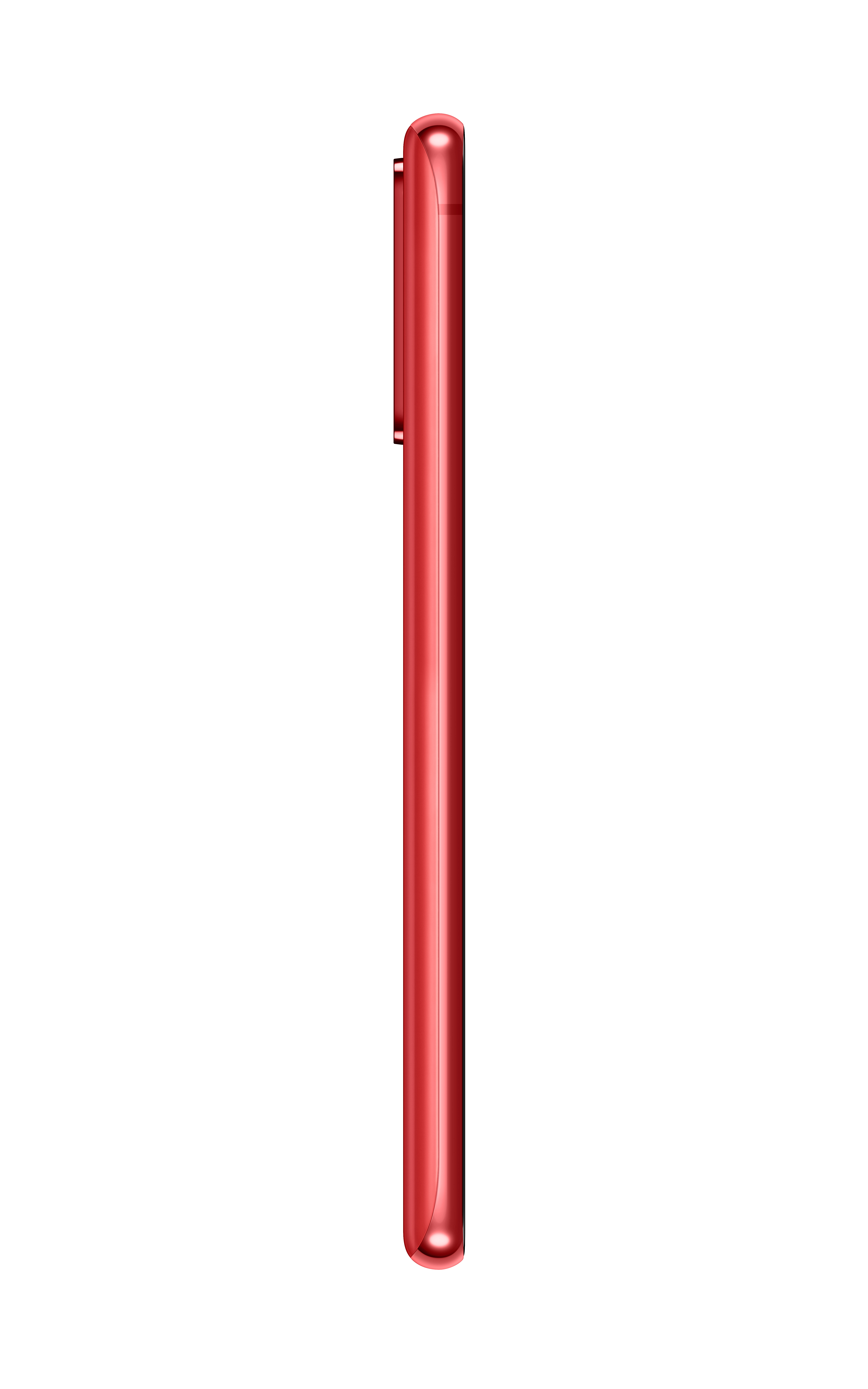 Rotes Smartphone-Profil, Seitenansicht. Schlankes, vertikales Rechteck mit Kameraausbuchtung.