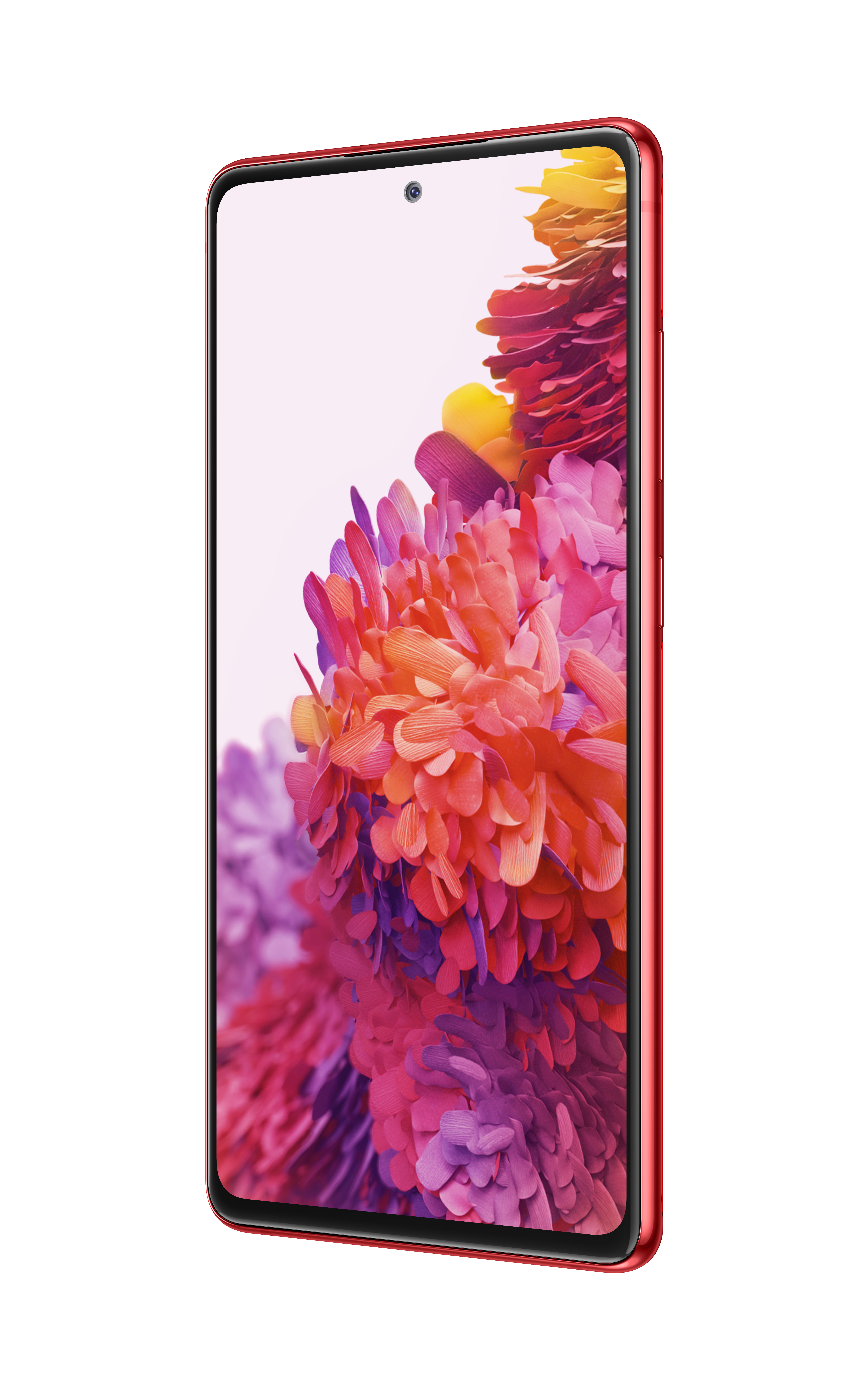 Ein rotes Smartphone mit einem Bildschirm, der ein Blumenmuster anzeigt, nach rechts abgewinkelt.