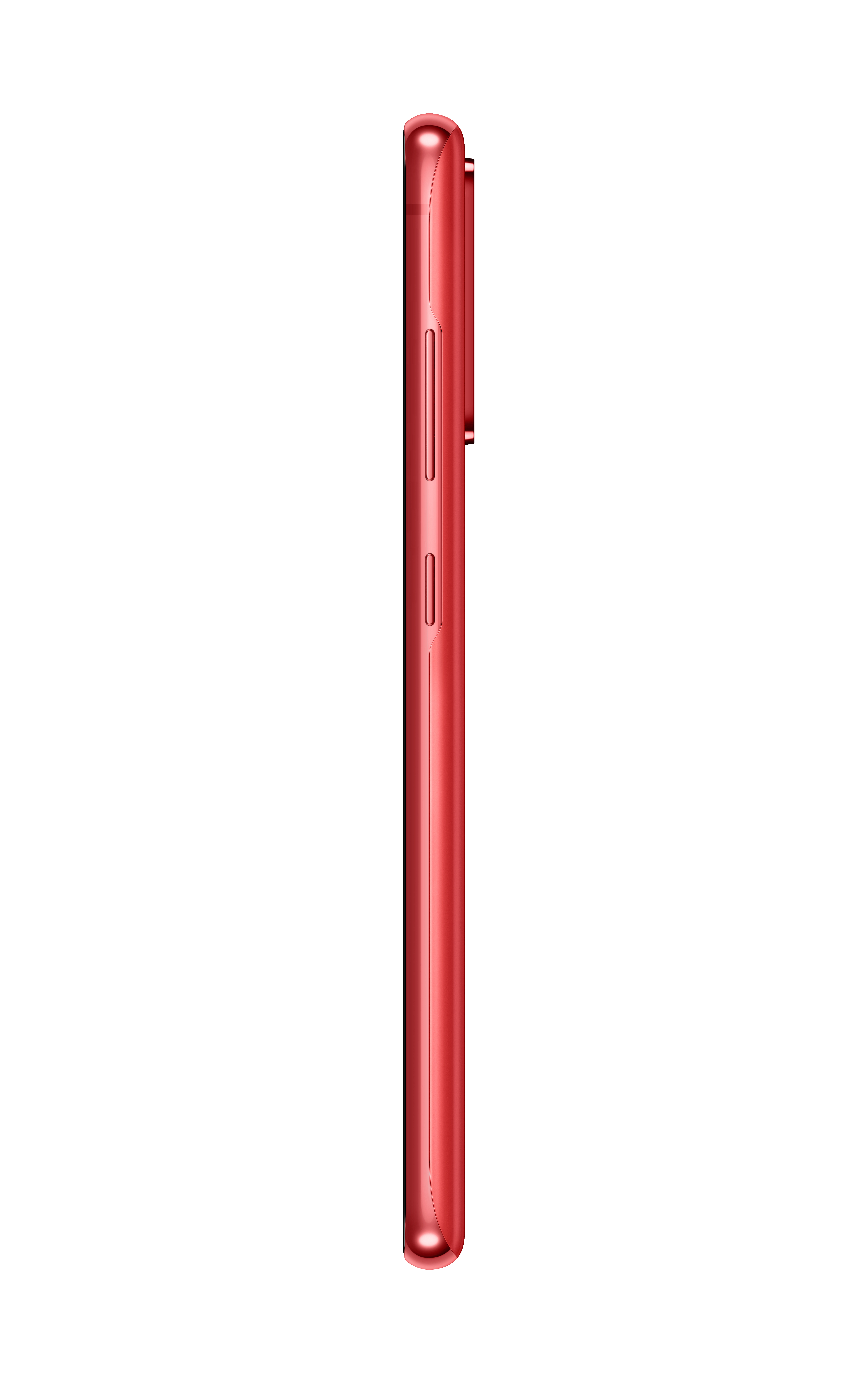 Seitenansicht eines roten Smartphones. Die Seite hat Lautstärke- und Ein/Aus-Tasten.