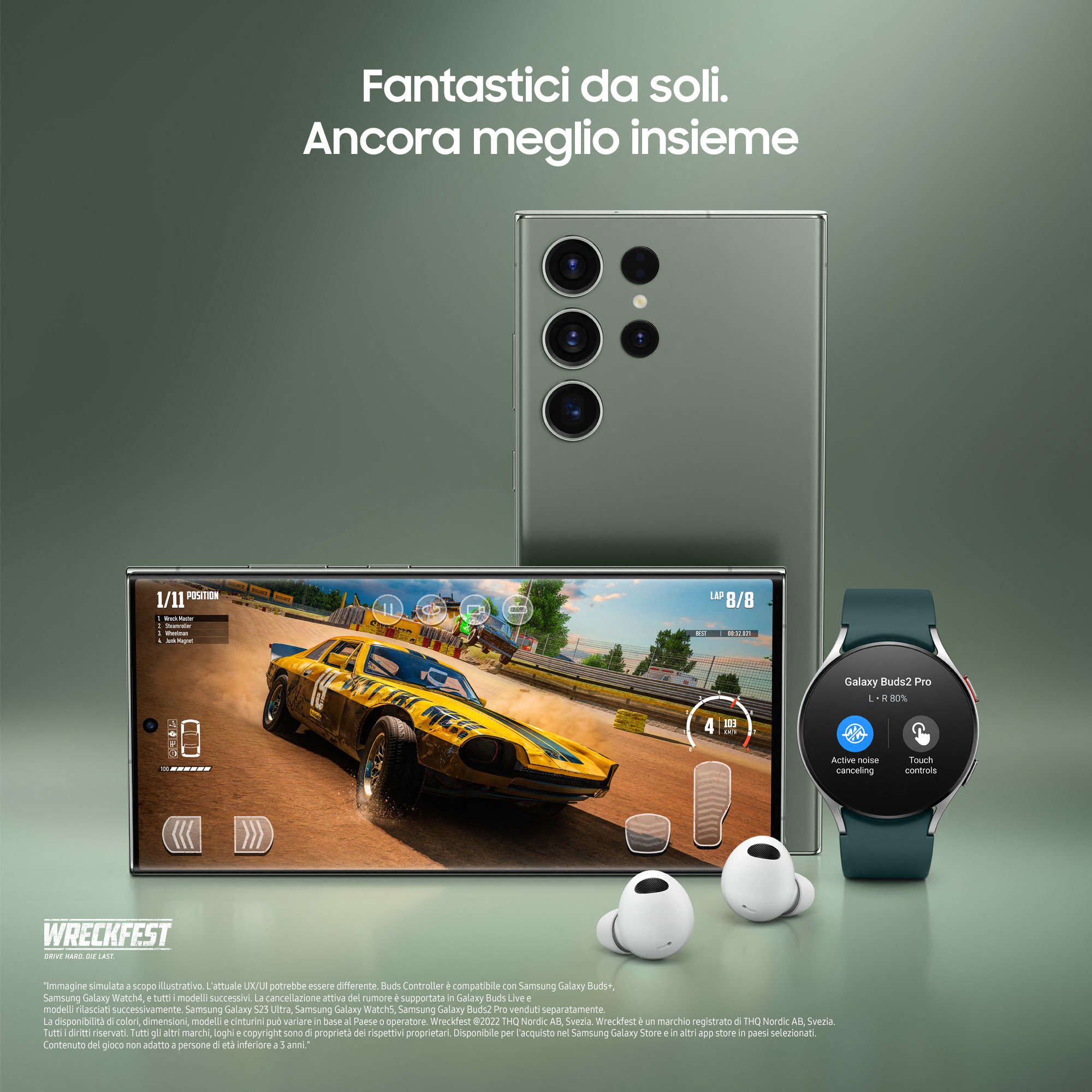 Telefon, słuchawki i smartwatch na powierzchni, z wyświetloną grą Wreckfest.