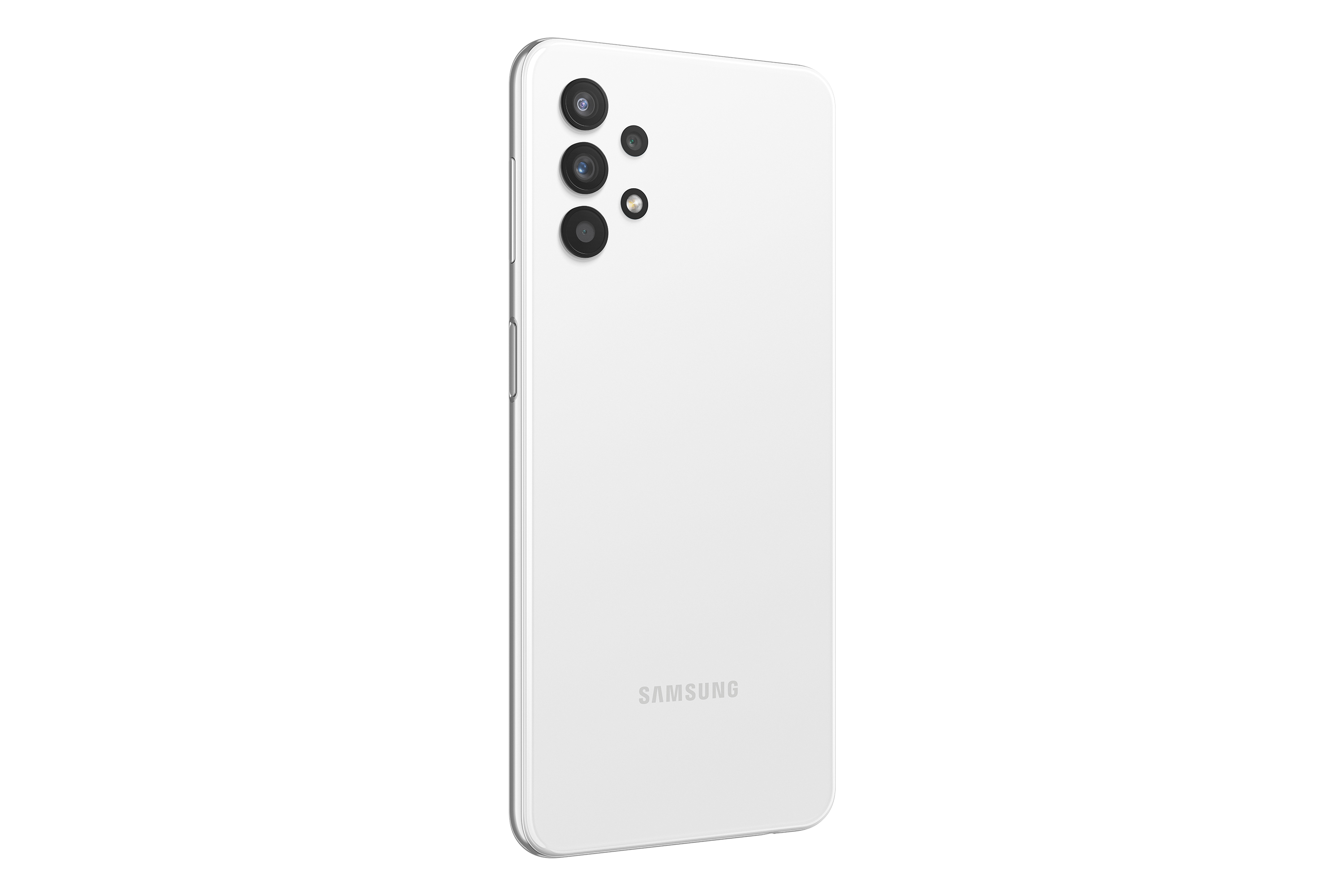 Tył białego telefonu Samsung. Trzy kamery ułożone pionowo. Logo Samsung na dole.