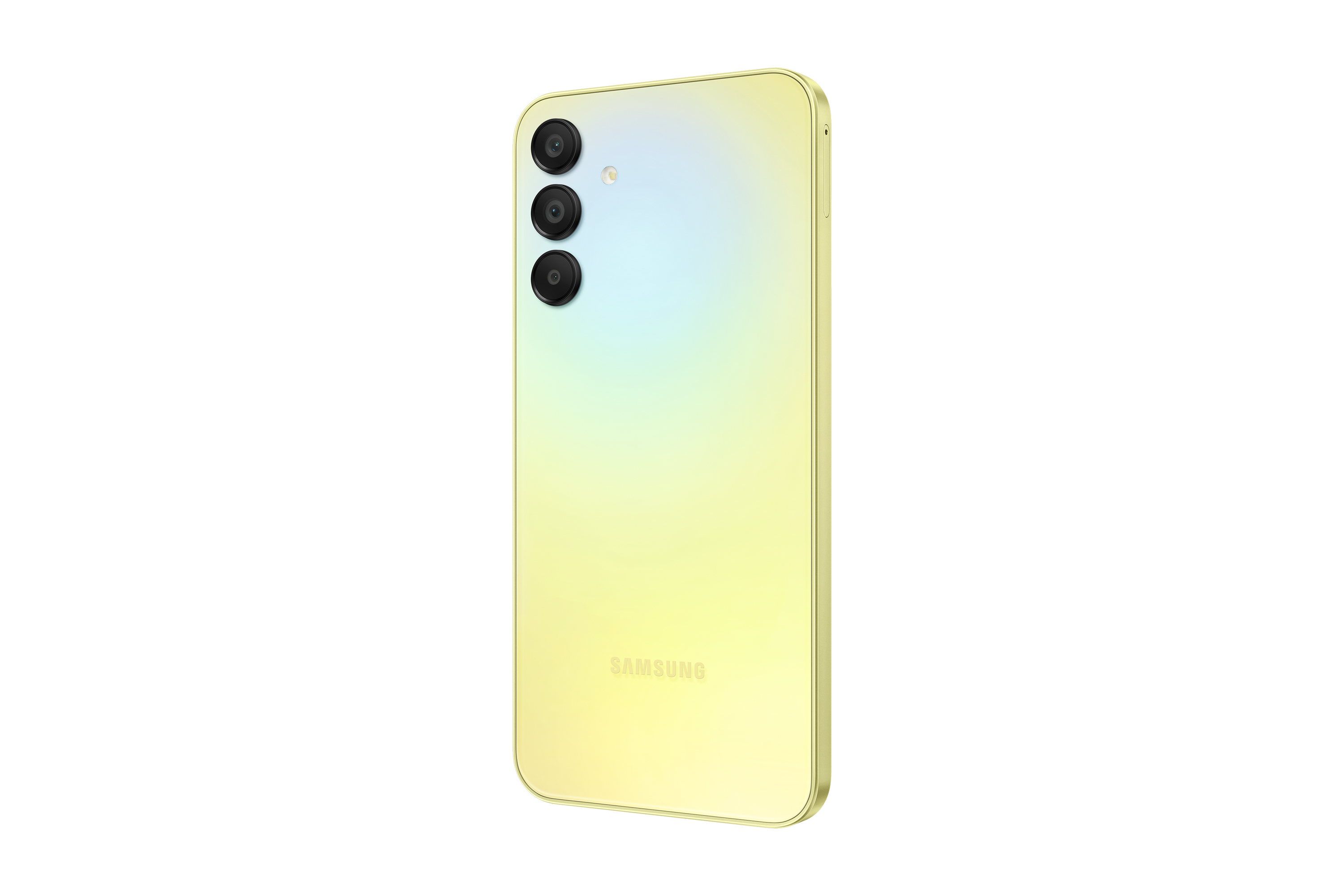 Telefon Samsung z żółtym gradientem na plecach i trzema tylnymi aparatami. Logo Samsung.