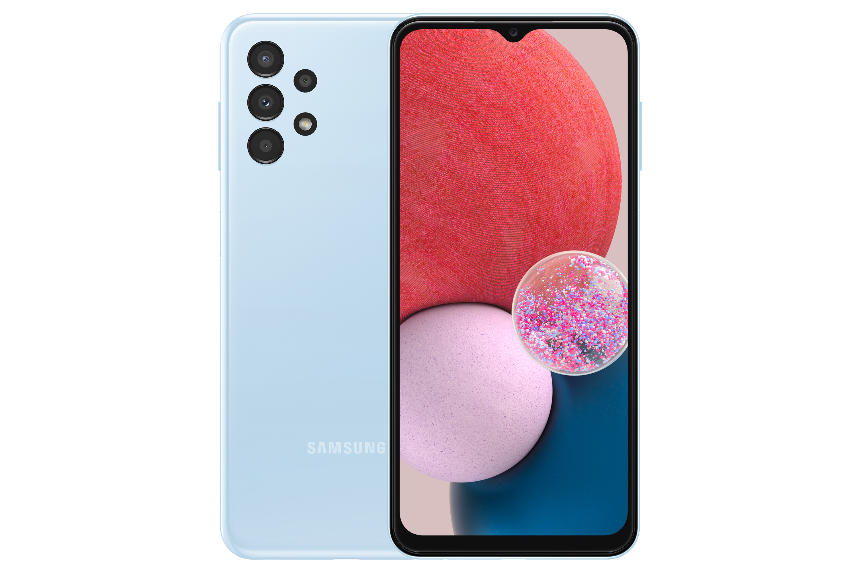 Lichtblauwe smartphone, achteraanzicht. Achterkant met camera's. Het scherm toont de voorkant.
