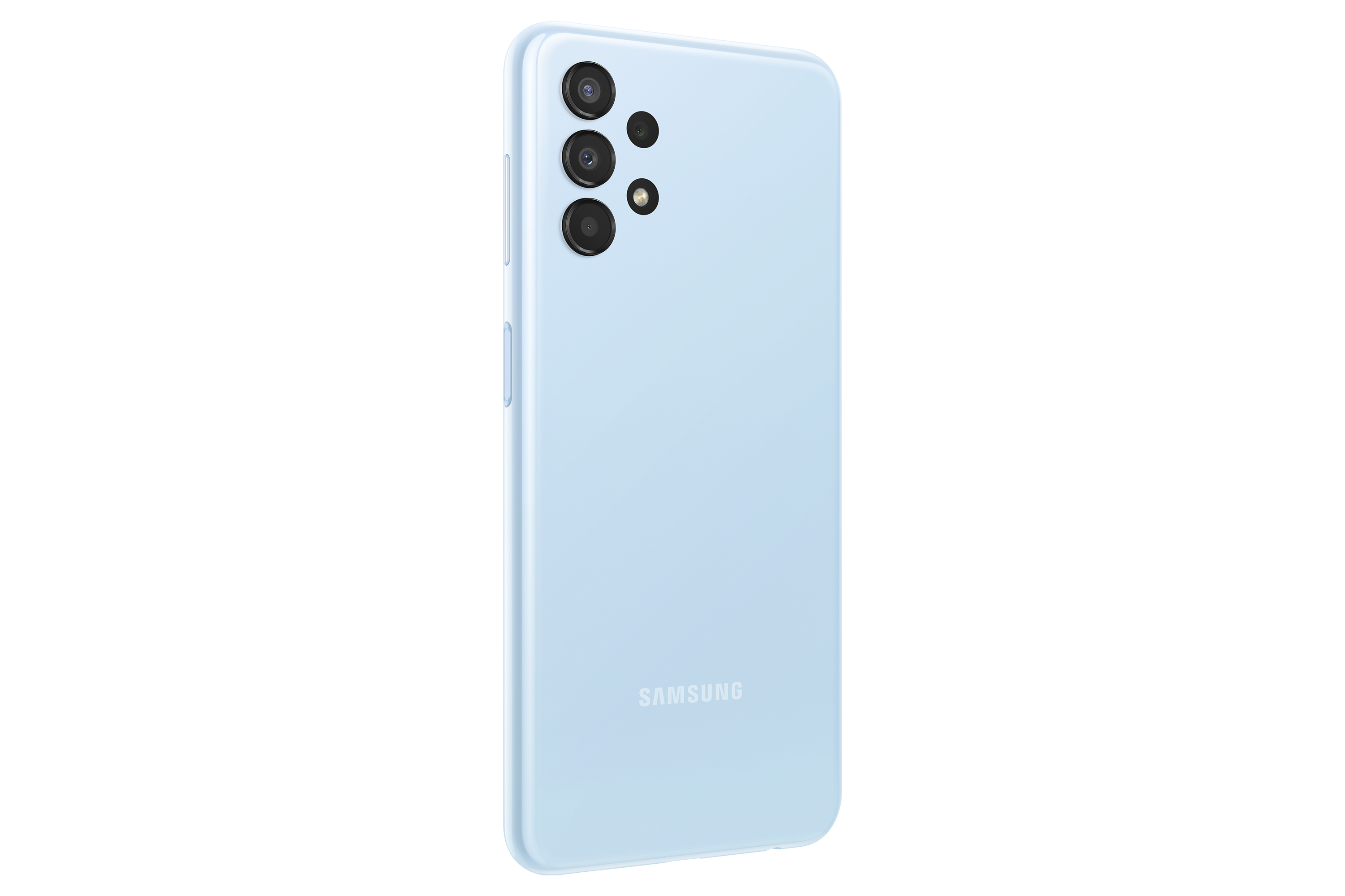 Een lichtblauwe Samsung-telefoon van achteren gezien, met drie verticaal geplaatste camera's.