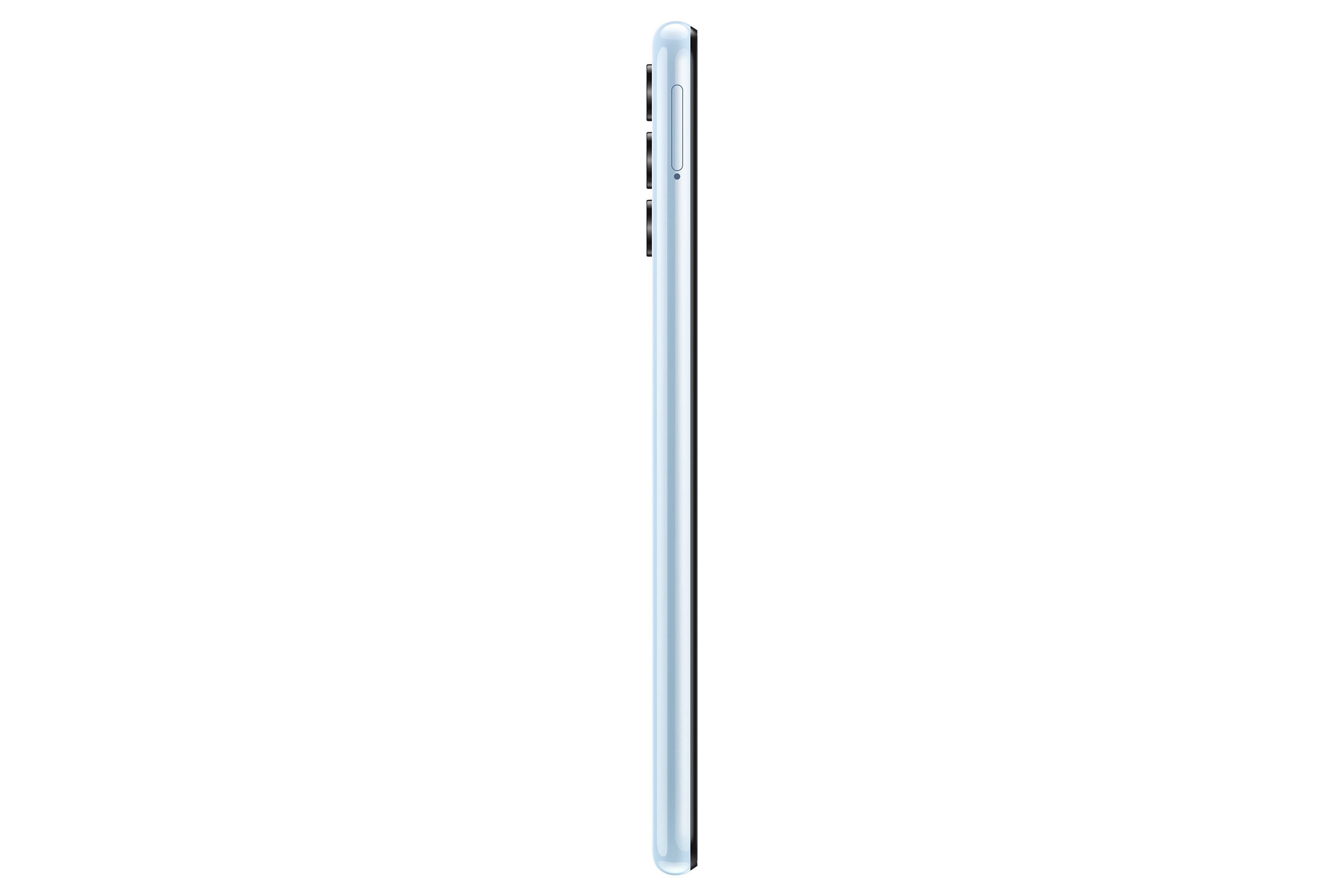 Zijkant van lichtblauwe telefoon, witte achtergrond.