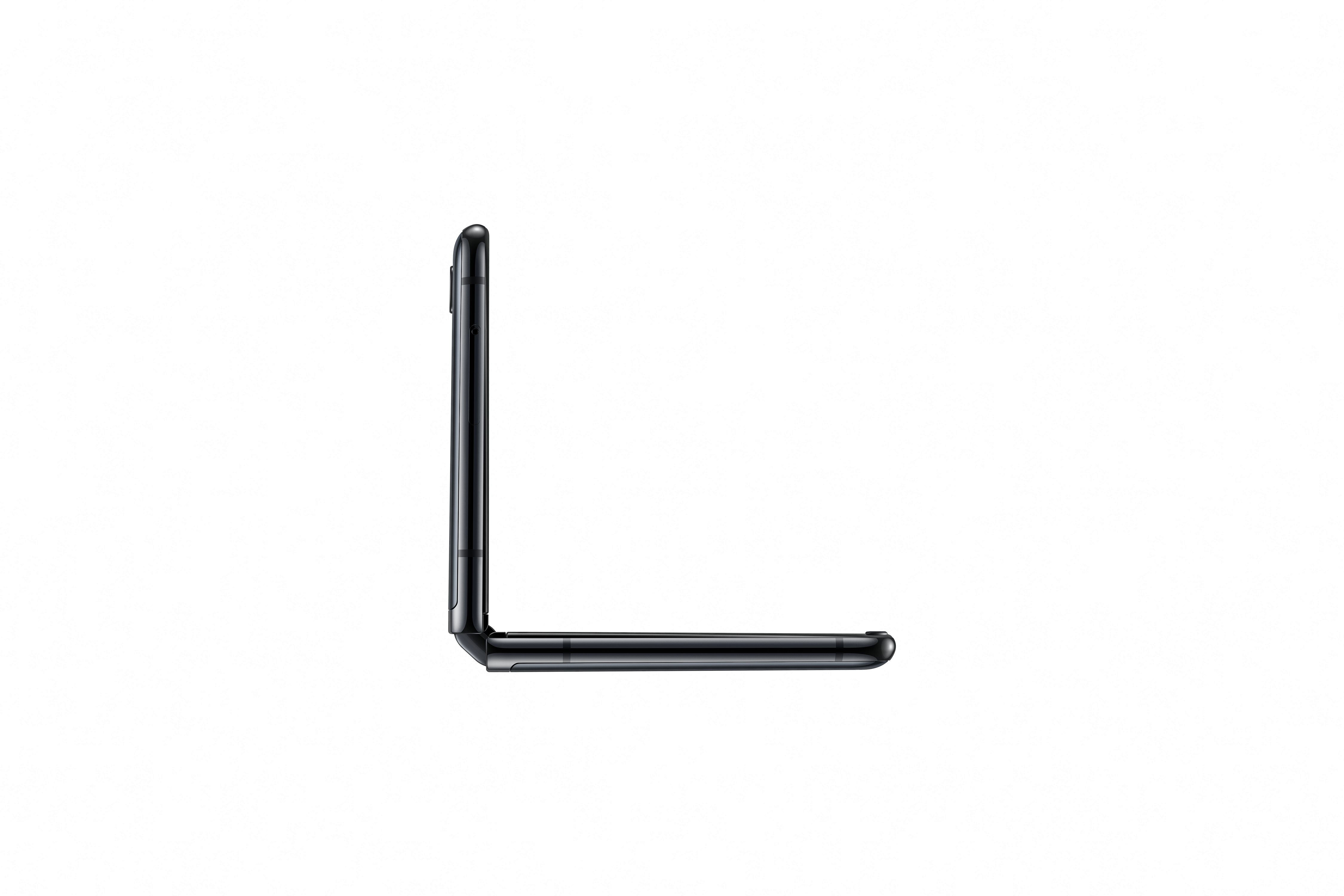 Czarny składany telefon w kształcie litery L, widok z boku, na białym tle.