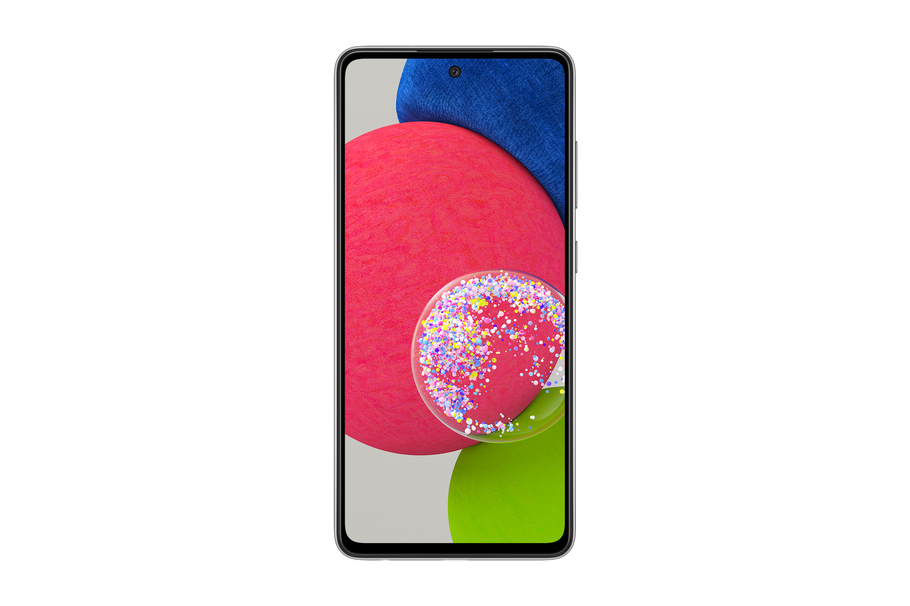 Schermo del telefono con sfondo astratto. Colori: rosso, blu, verde e grigio. Il telefono è centrato.