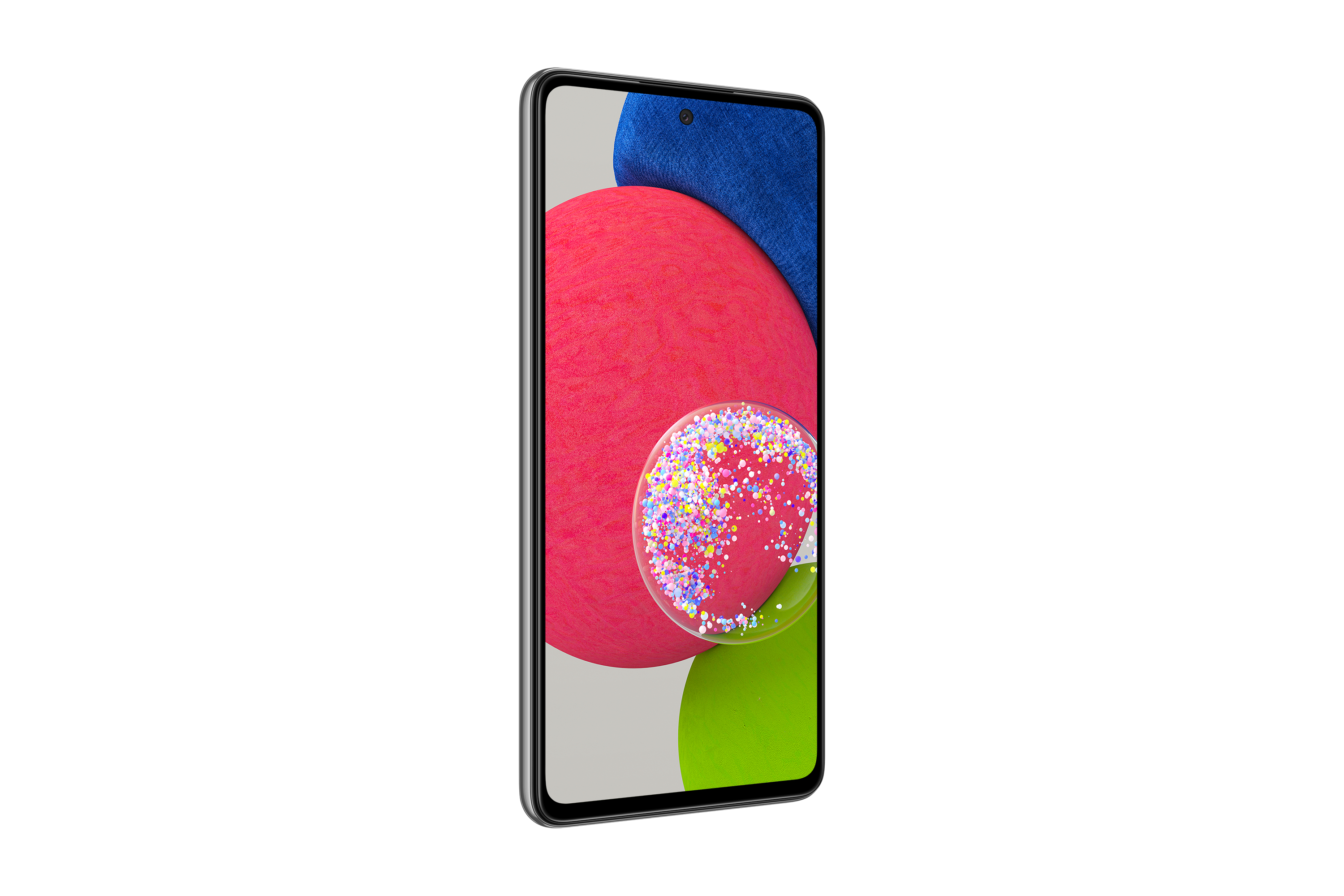 Schermo dello smartphone con forme colorate su sfondo bianco. Cornice argentata.