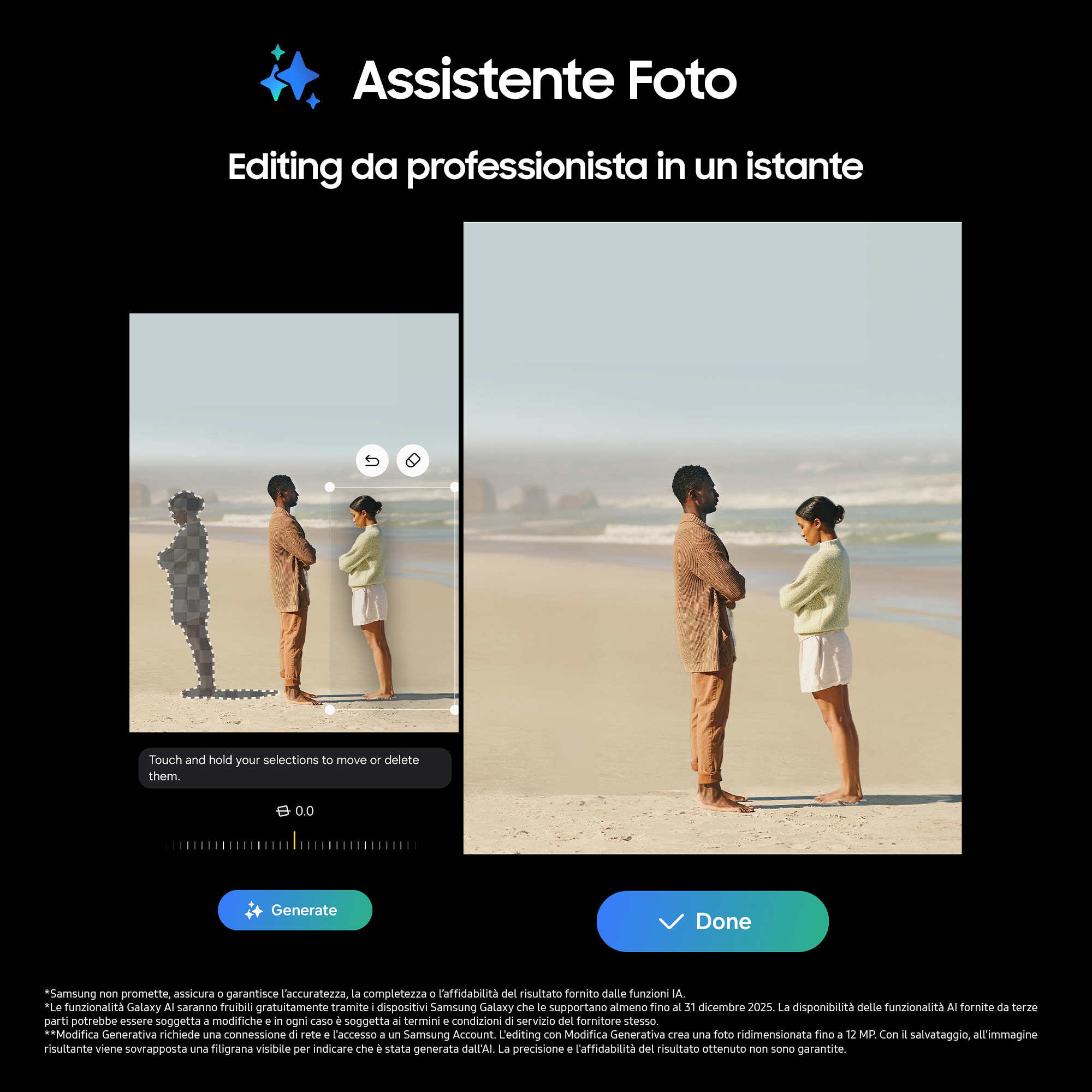 Interfejs aplikacji z funkcjami edycji zdjęć. Dwie osoby na plaży przed i po edycji.