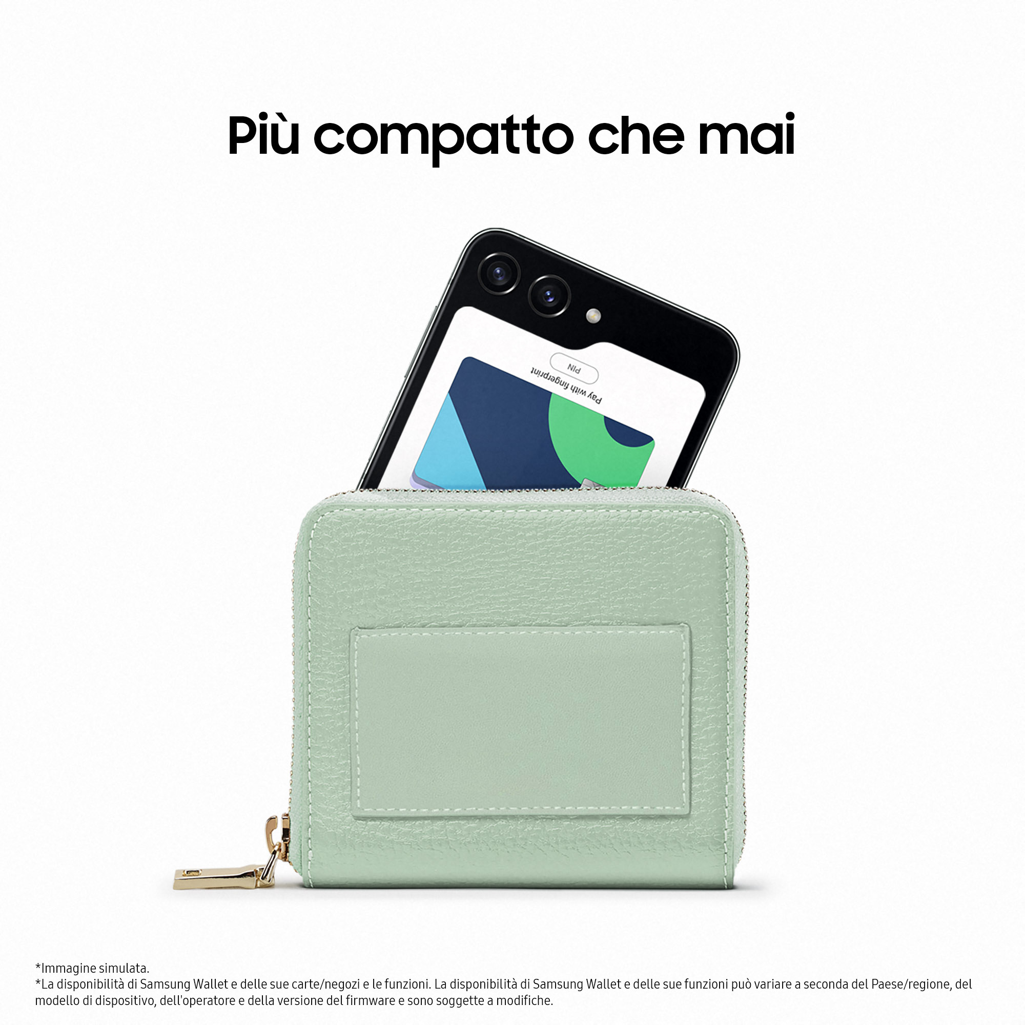 Miętowy portfel z telefonem w środku, na białym tle.