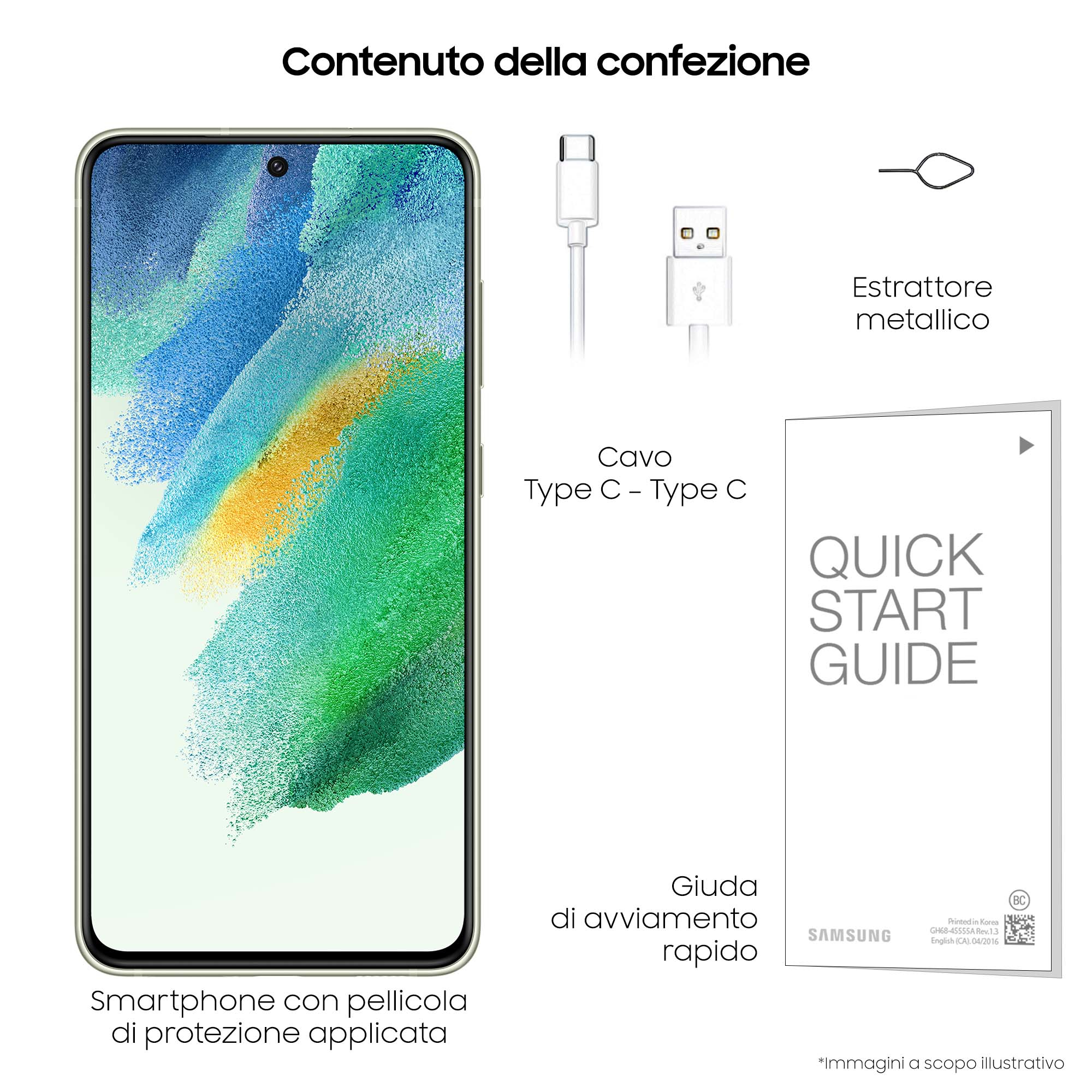 Zawartość telefonu Samsung: telefon z ochroną ekranu, kablem USB-C, wysuwakiem SIM i instrukcją szybkiego startu.
