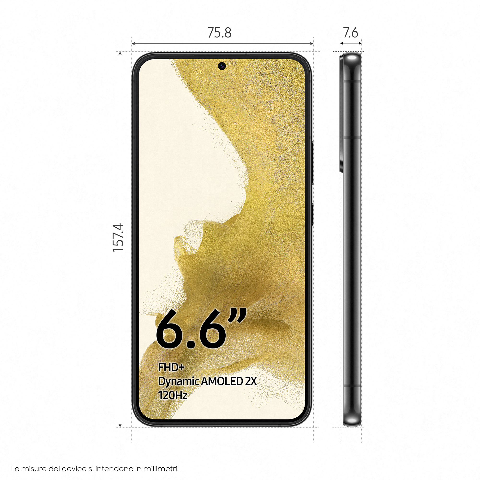 Obraz telefonu pokazujący wymiary i specyfikacje ekranu: 6,6", FHD+, Dynamic AMOLED 2X, 120Hz.