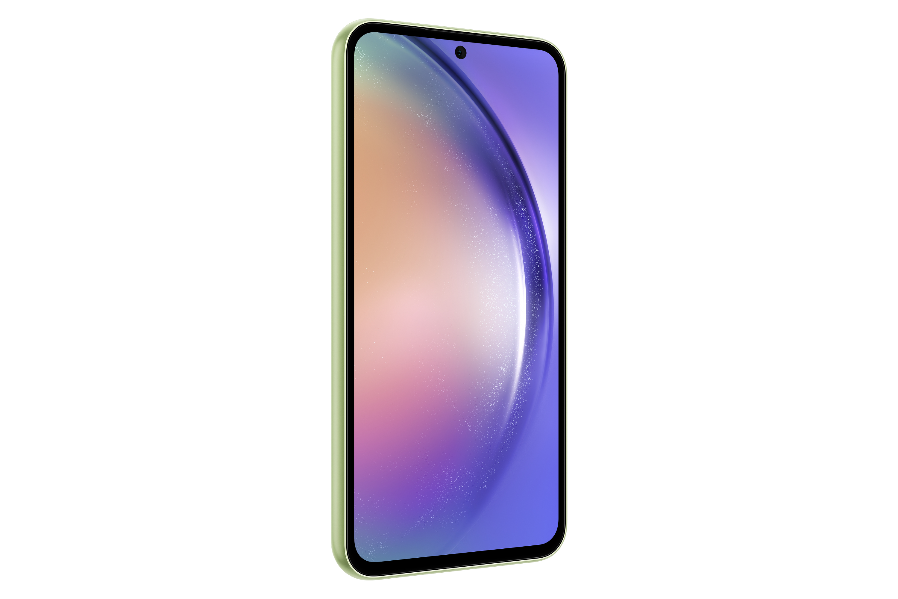 Ein hellgrünes Smartphone, von der Seite betrachtet, zeigt einen farbenfrohen Bildschirm.