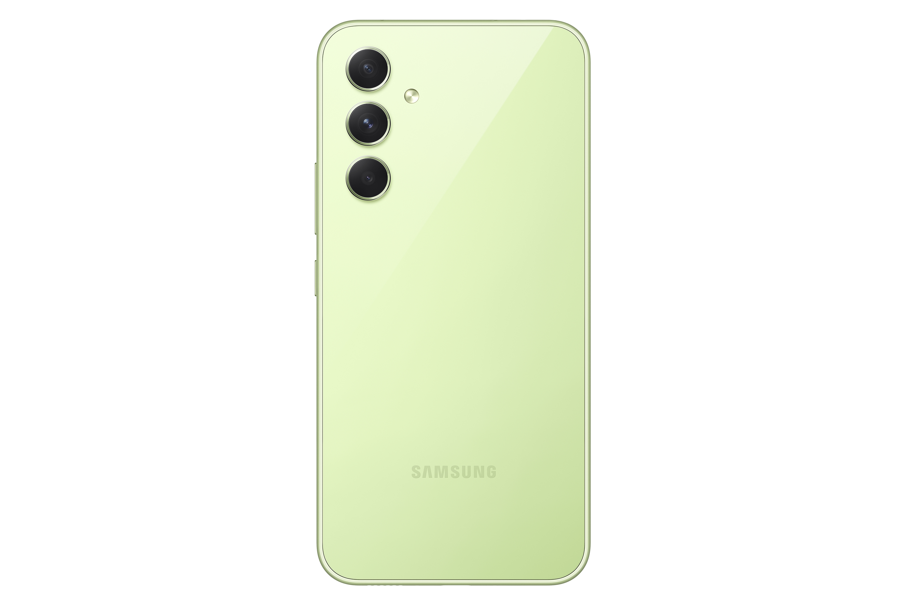 Grüne Telefonrückseite mit drei Kameras und Samsung-Logo.