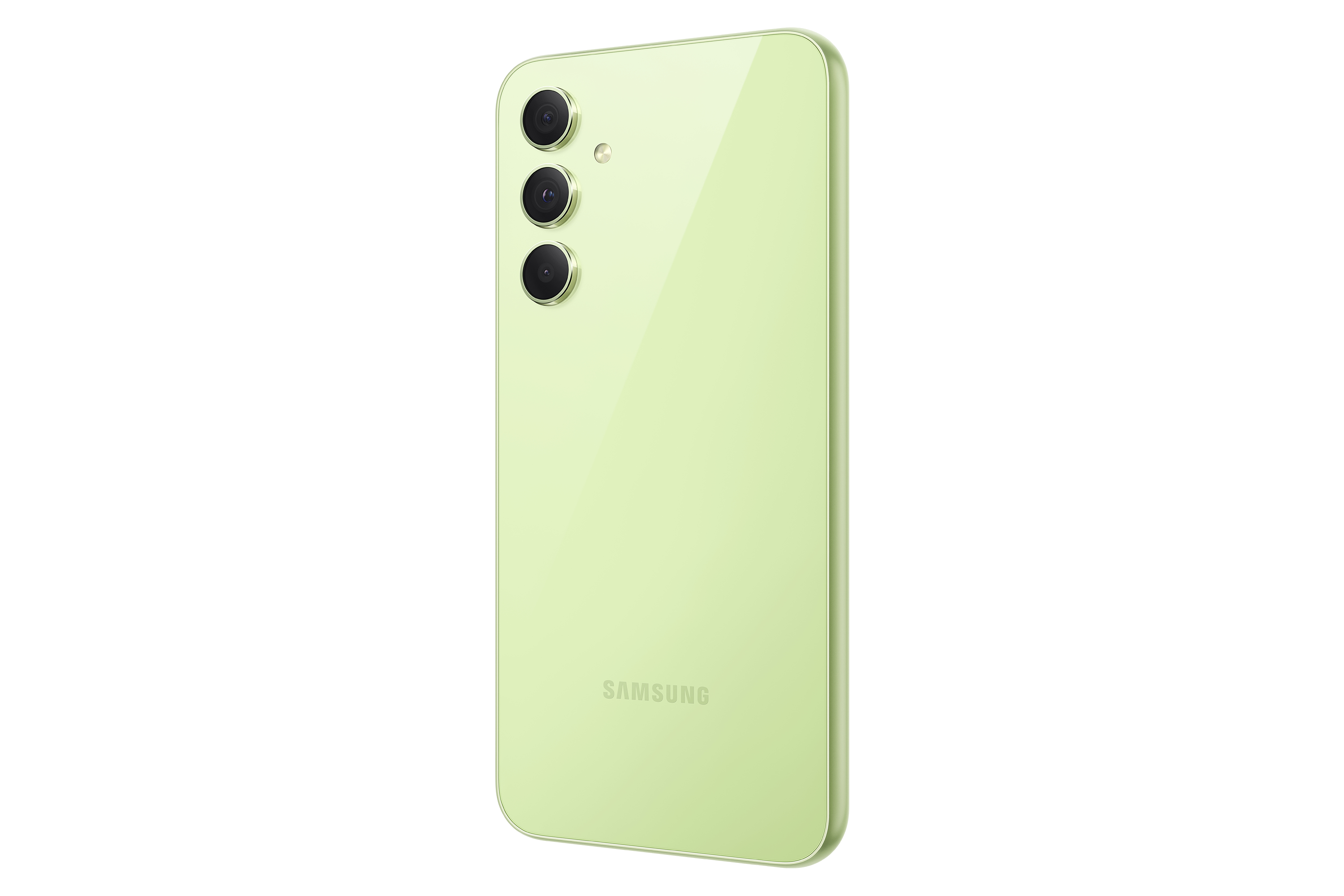 Ein grünes Telefon von hinten, mit drei Kameras und dem Samsung-Logo.