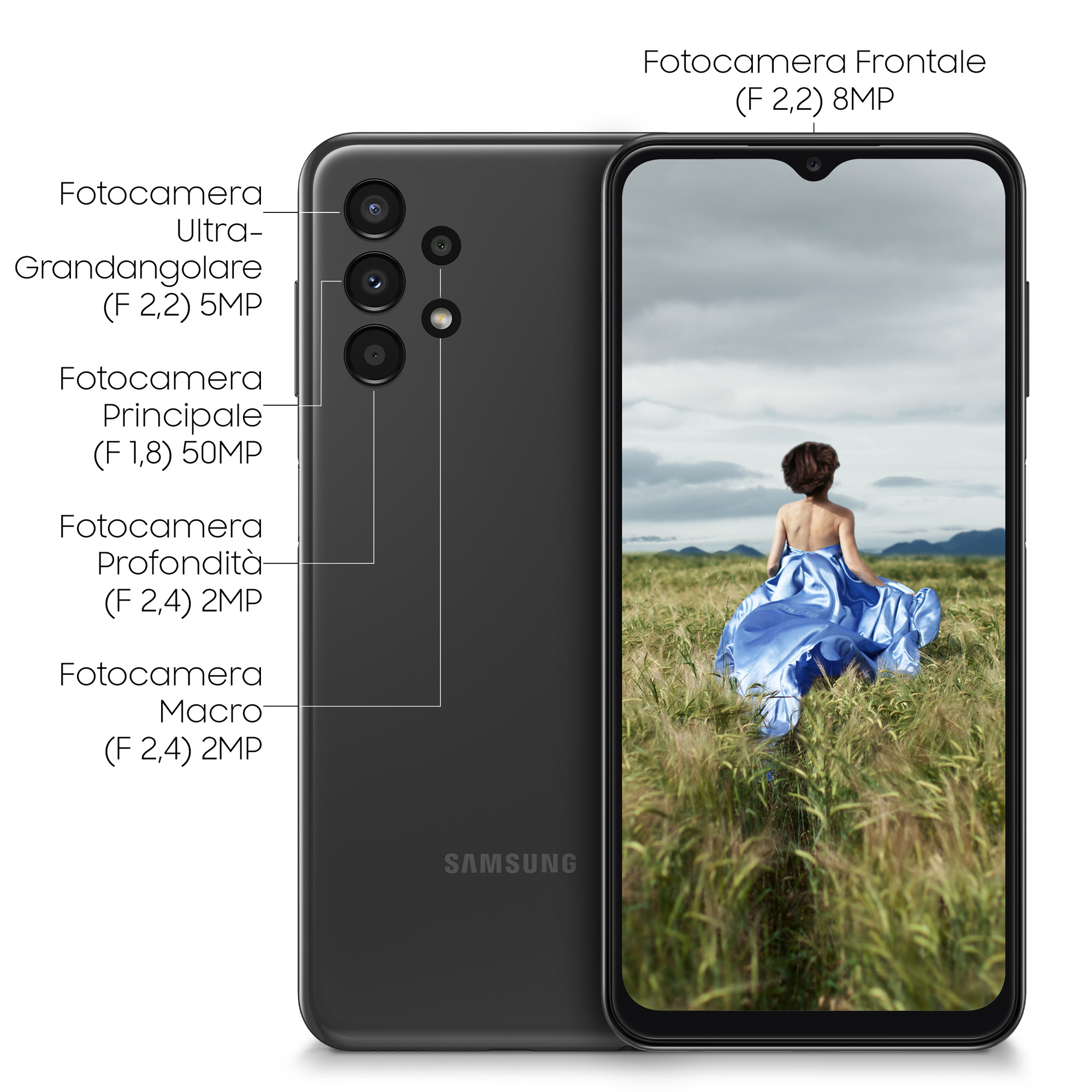 Czarny telefon z tylnymi aparatami, kobieta w niebieskiej sukience na ekranie, białe tło.