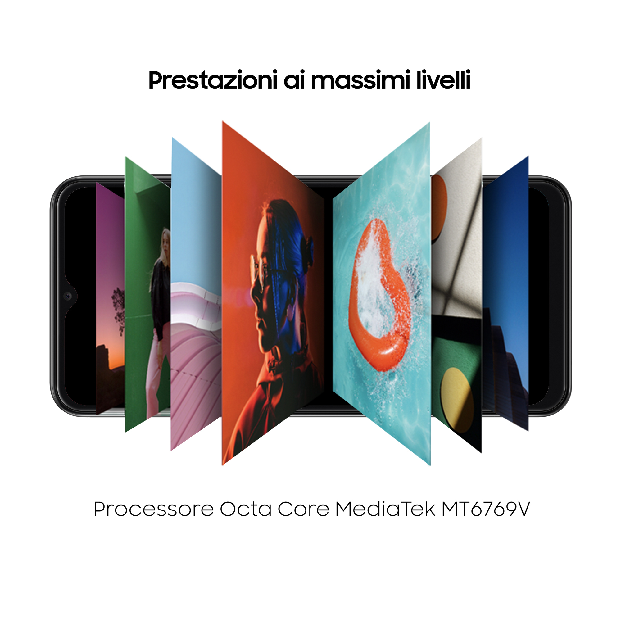 Ein Telefon zeigt verschiedene farbenfrohe Bilder. Auf dem Telefon steht 'Processore Octa Core MediaTek'.
