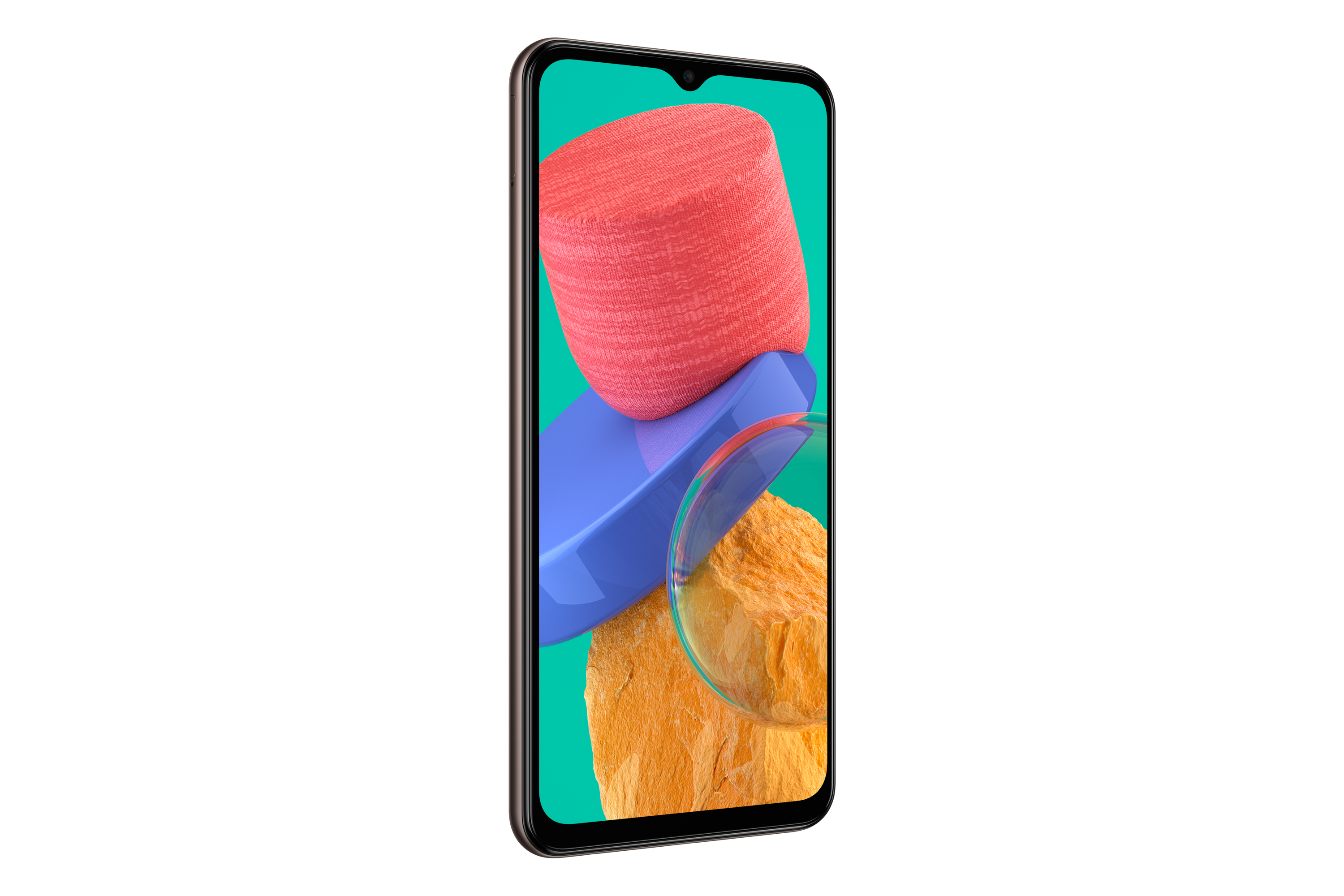 Ein Smartphone mit farbenfrohem Bildschirm auf weißem Hintergrund, seitlich angewinkelt.