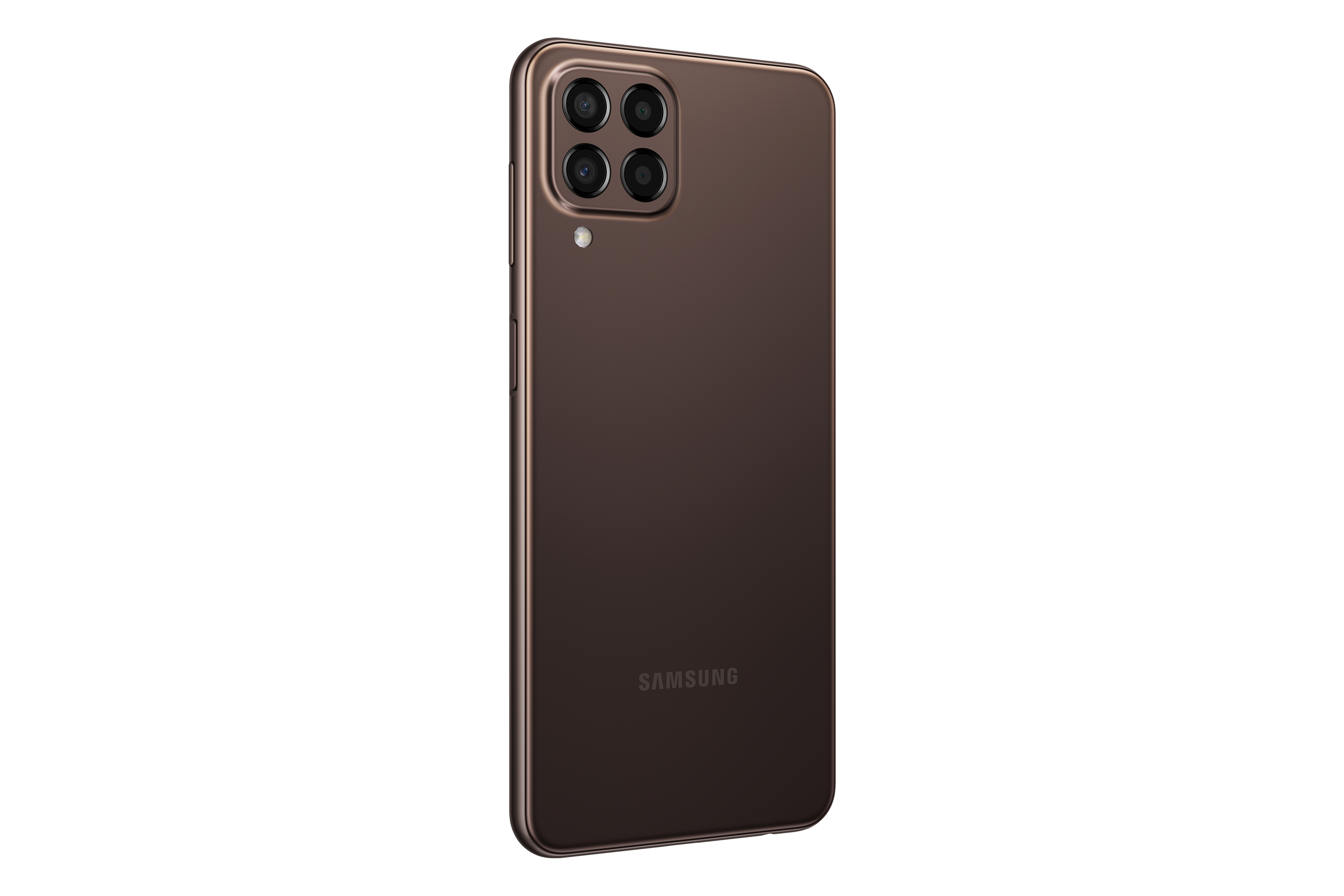 Rückseite eines braunen Smartphones mit vier Kameralinsen. Samsung-Logo unten.