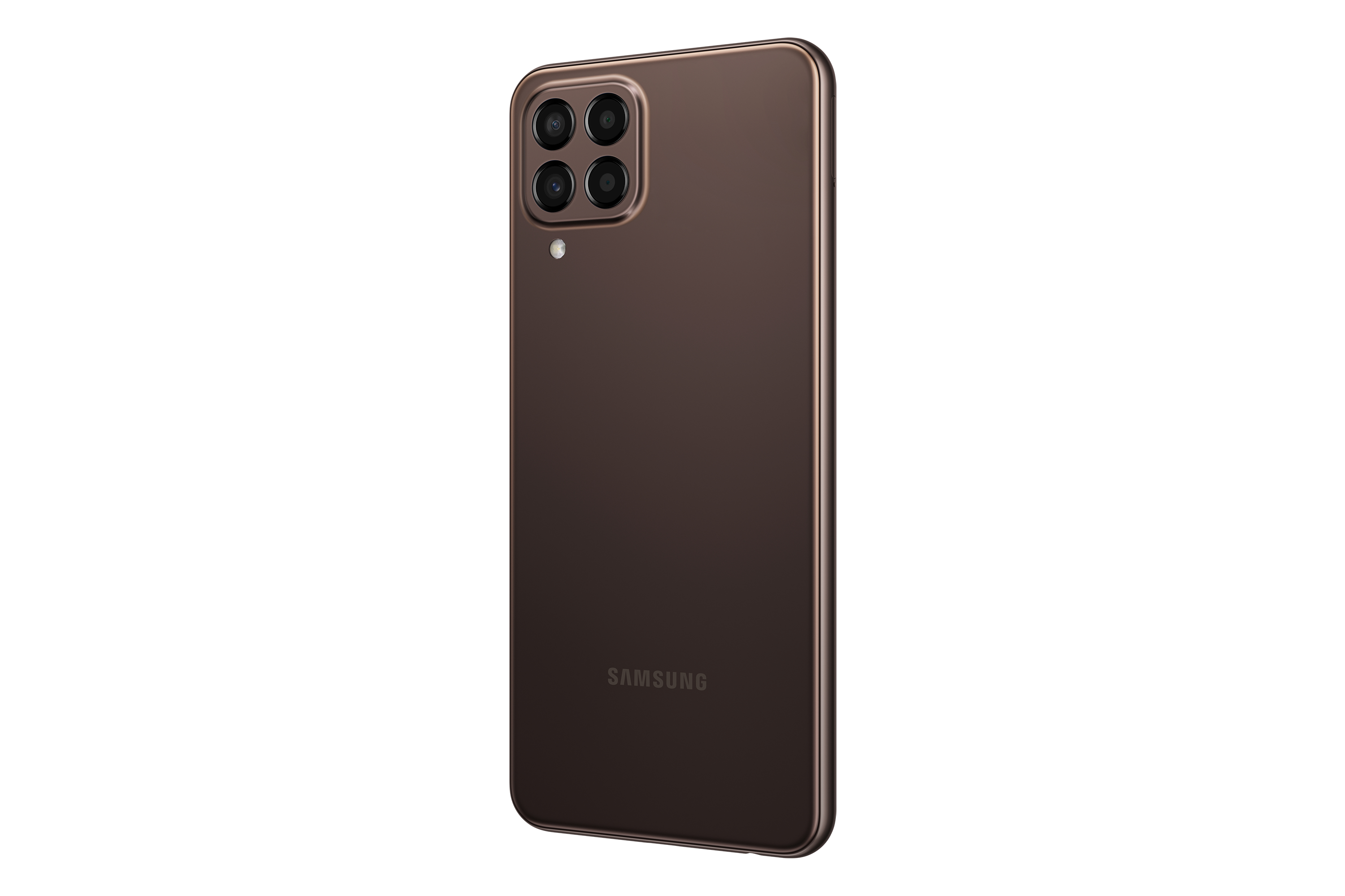 Rückansicht eines braunen Smartphones. Das Telefon hat ein Kameramodul und das Markenlogo ist sichtbar.