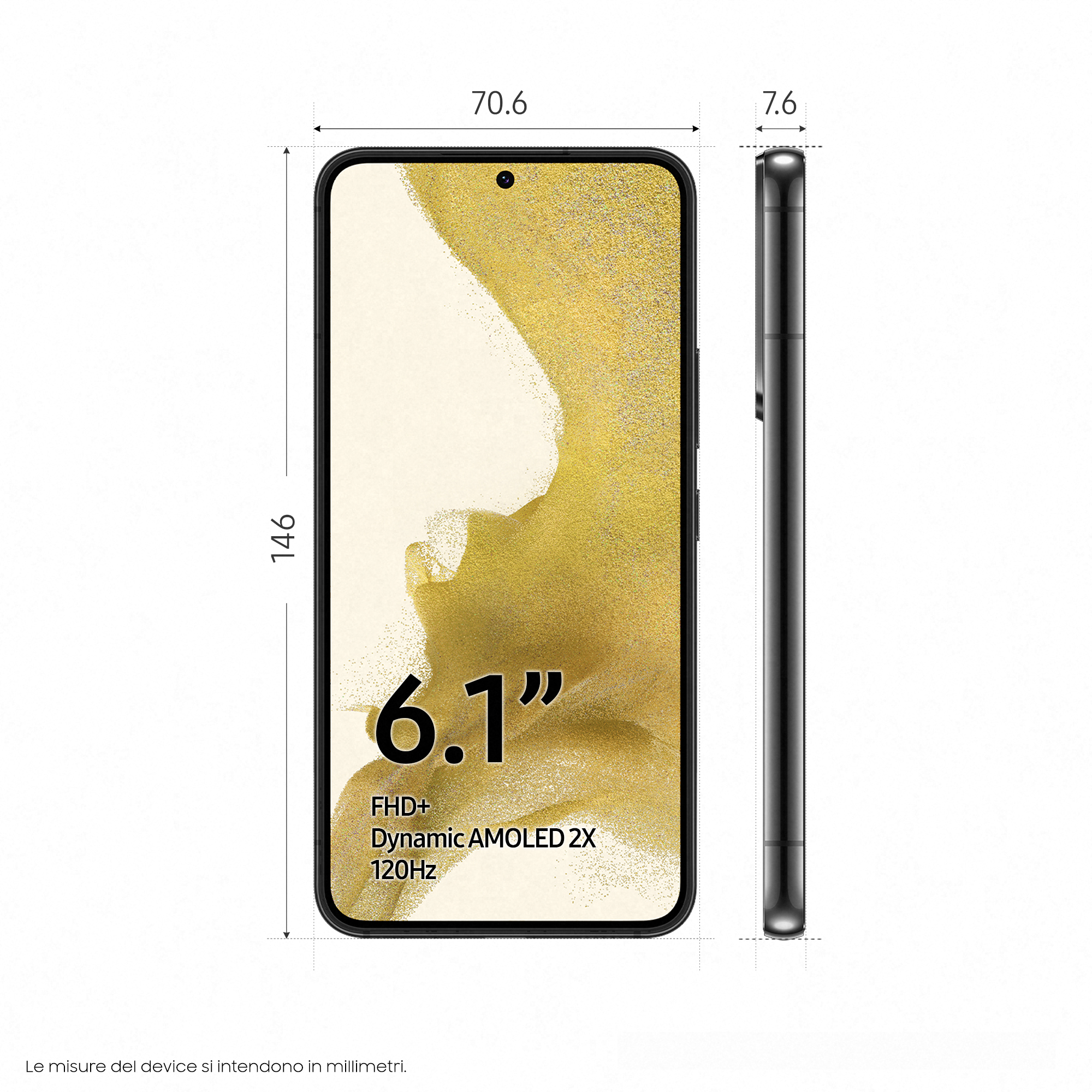 Schwarzes Telefon mit Abmessungen. Bildschirm zeigt 6,1 Zoll, FHD+, Dynamic AMOLED 2X und 120Hz. Seitenansicht zeigt Dicke.