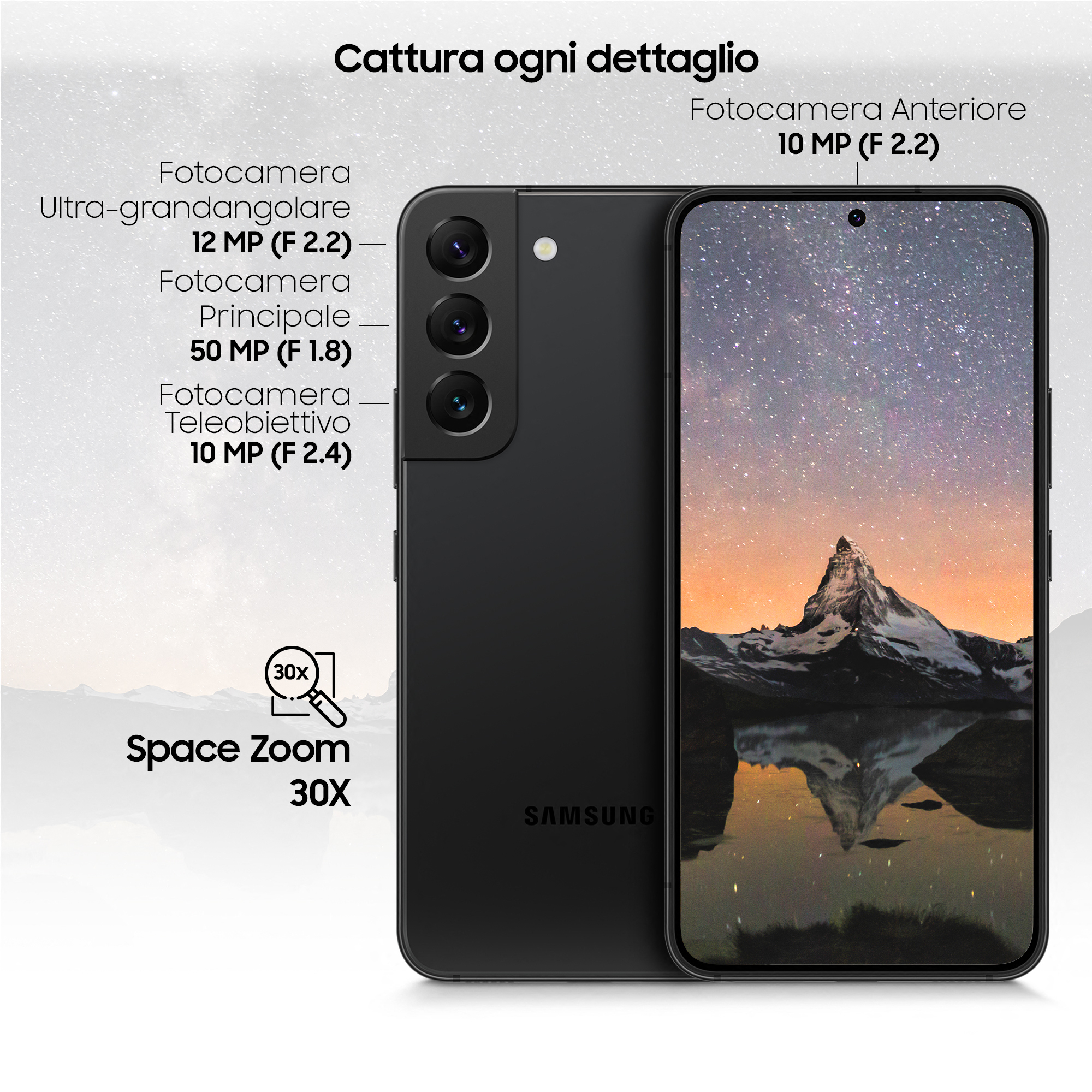 Schwarzes Samsung-Telefon mit Kameras, Spezifikationen und einem Bildschirm, der einen Sternenhimmel und Berg zeigt.