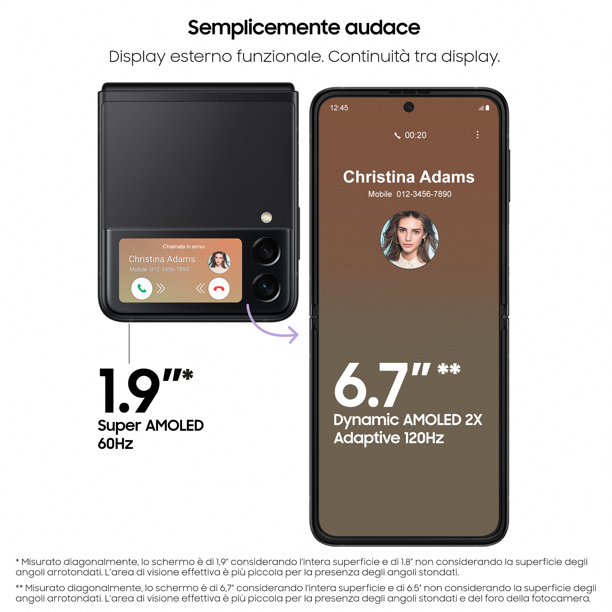 Czarny składany smartfon z ekranem połączenia na zewnętrznym wyświetlaczu i ekranem głównym z kontaktem.