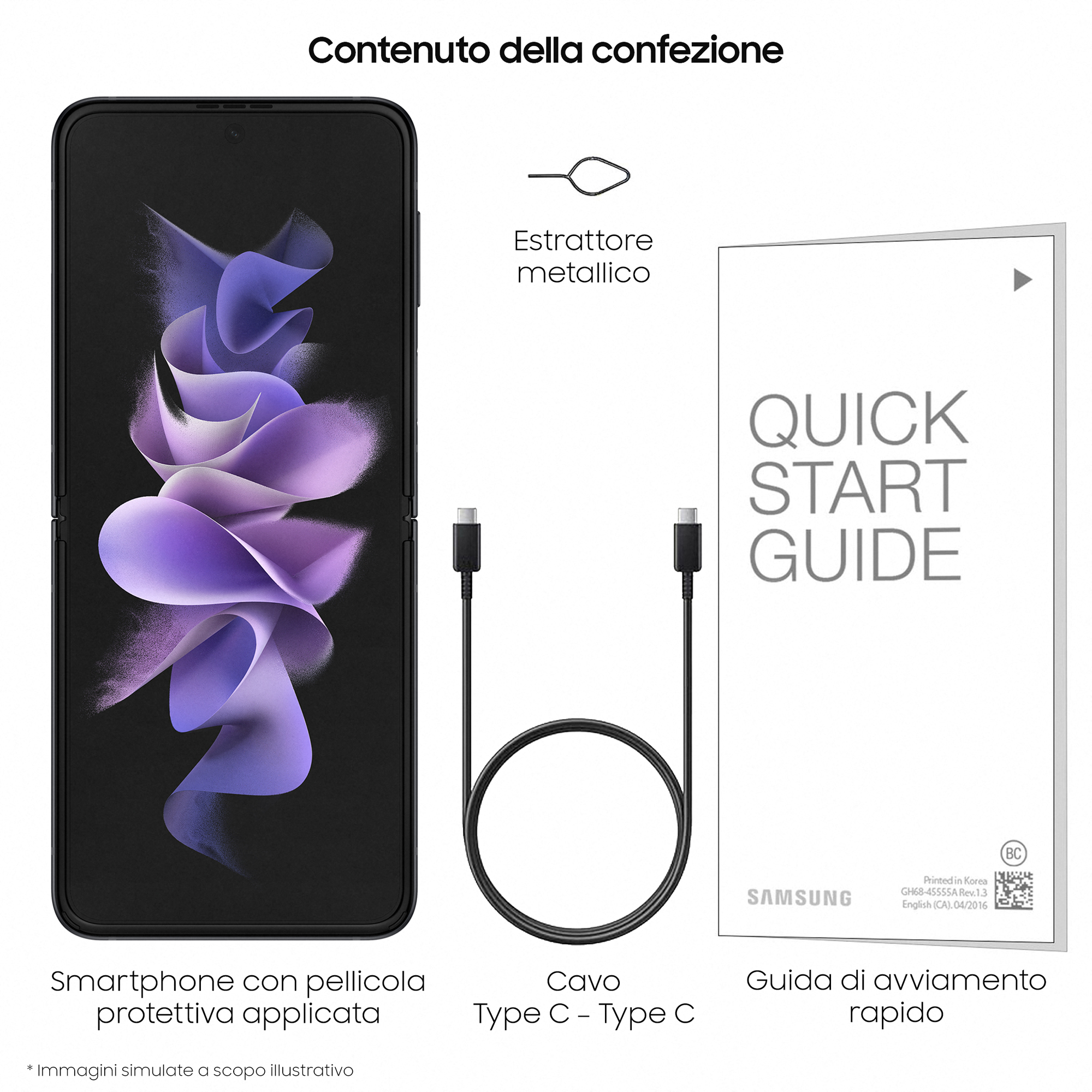 Smartfon, kabel, wysuwacz SIM i instrukcja szybkiego uruchomienia na białej powierzchni. Zawartość opakowania.